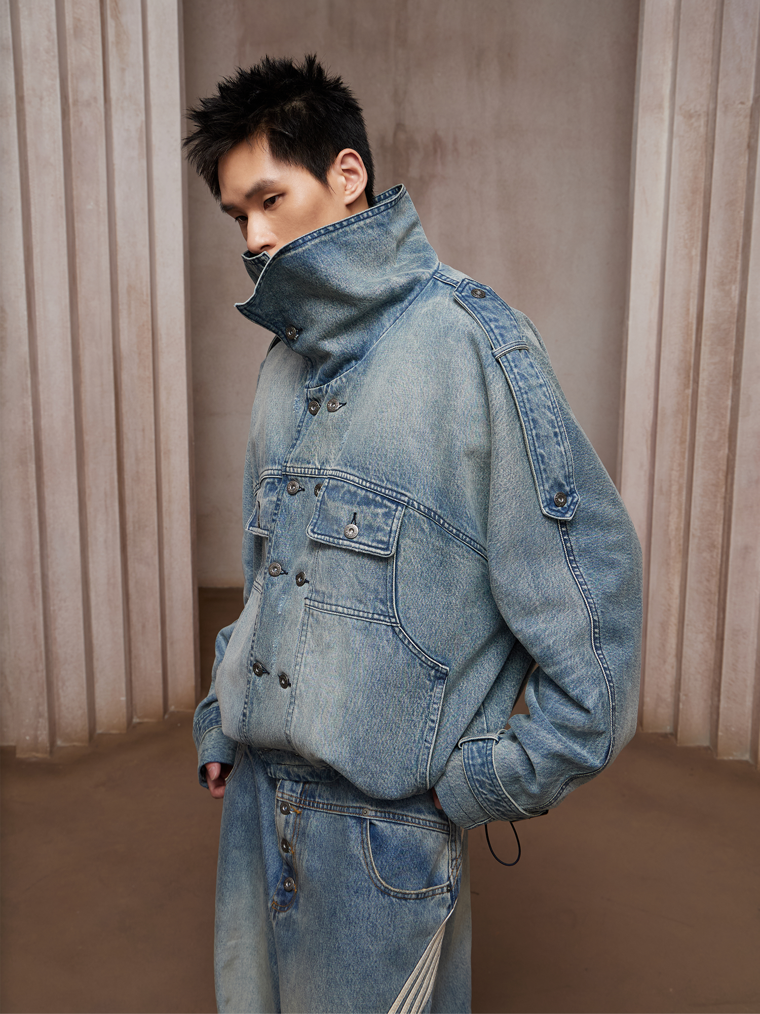 DND4DES Washed Double-Breasted Multi-Pocket Denim Bomber