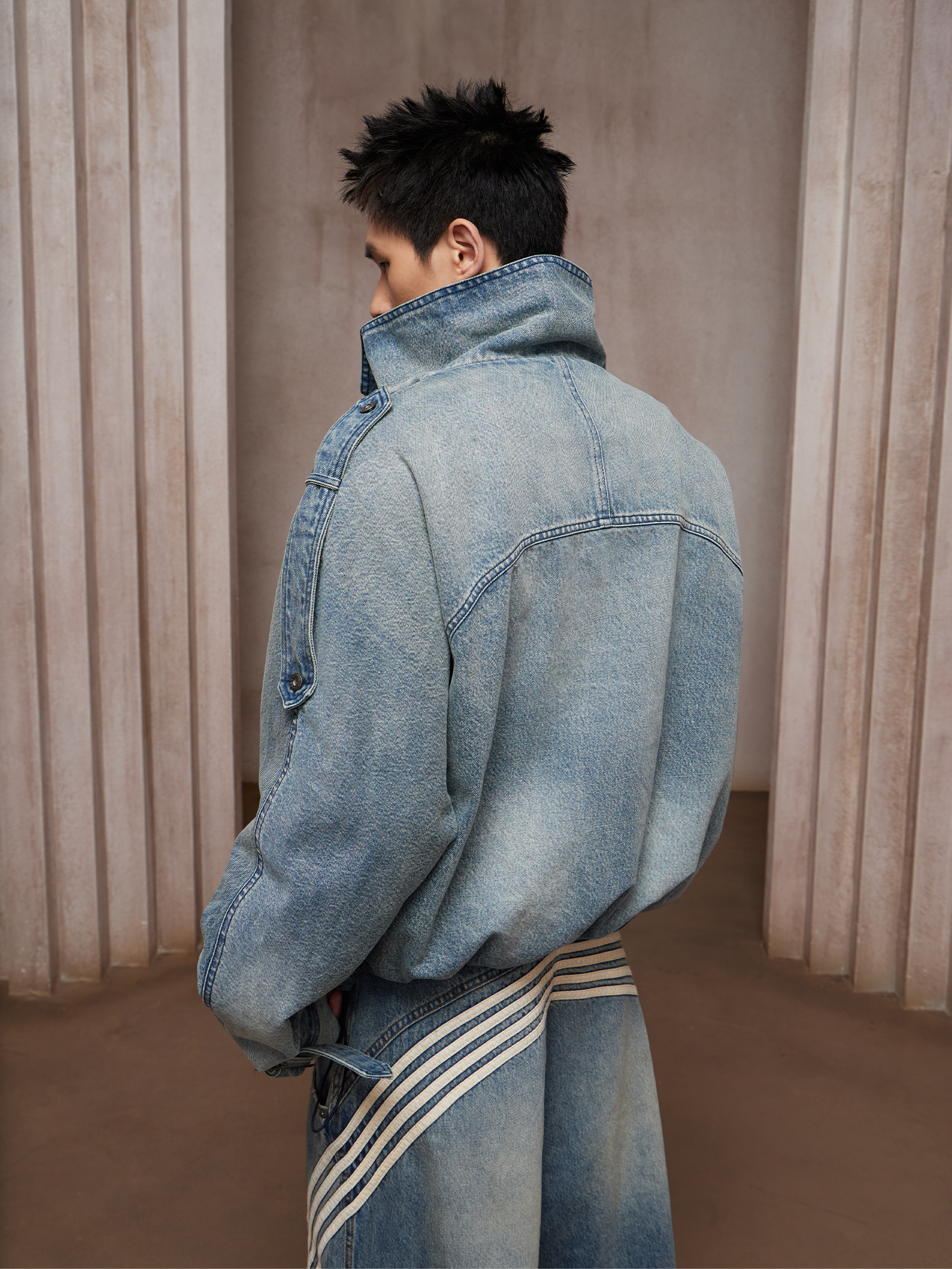 DND4DES Washed Double-Breasted Multi-Pocket Denim Bomber