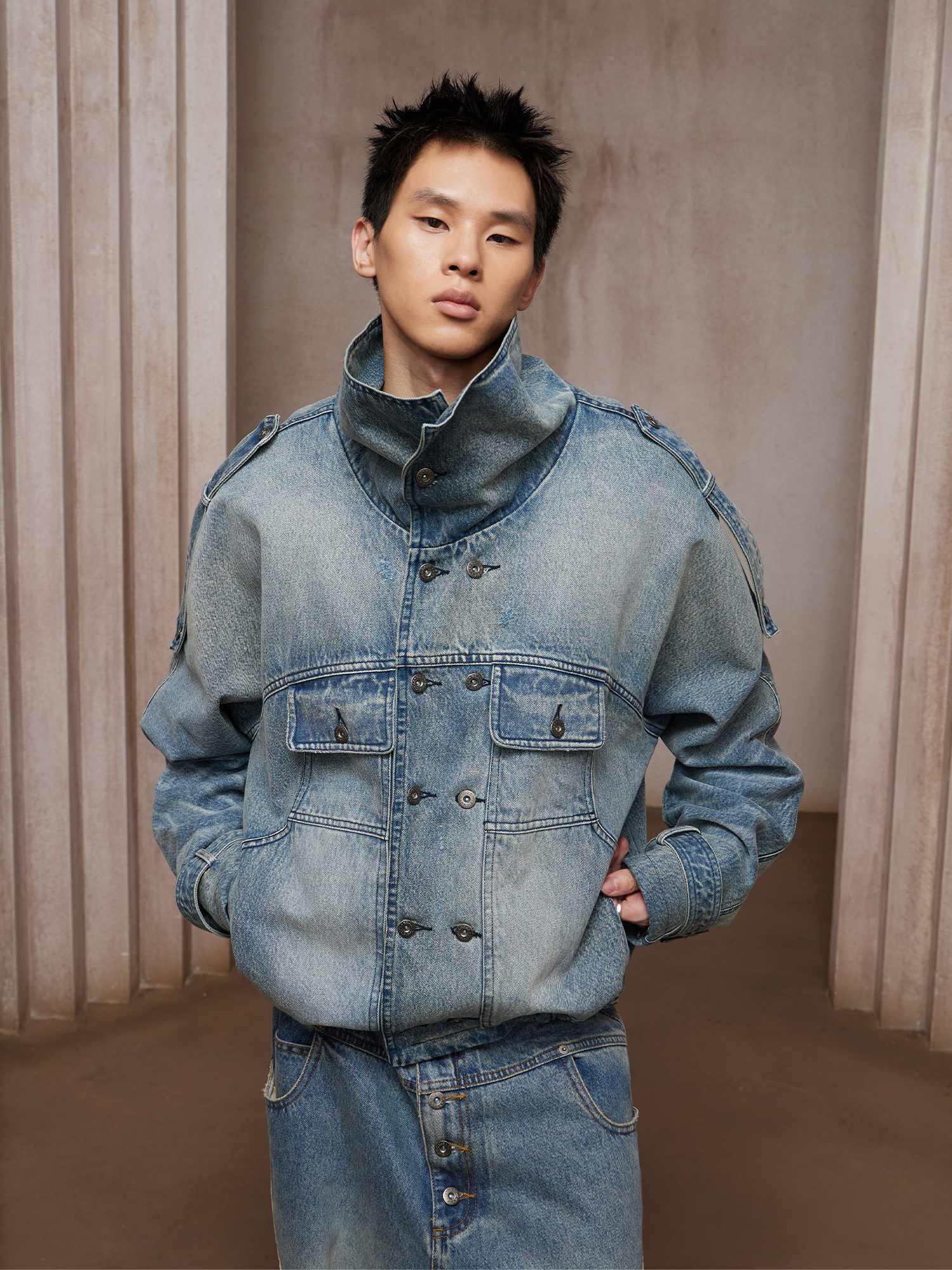 DND4DES Washed Double-Breasted Multi-Pocket Denim Bomber