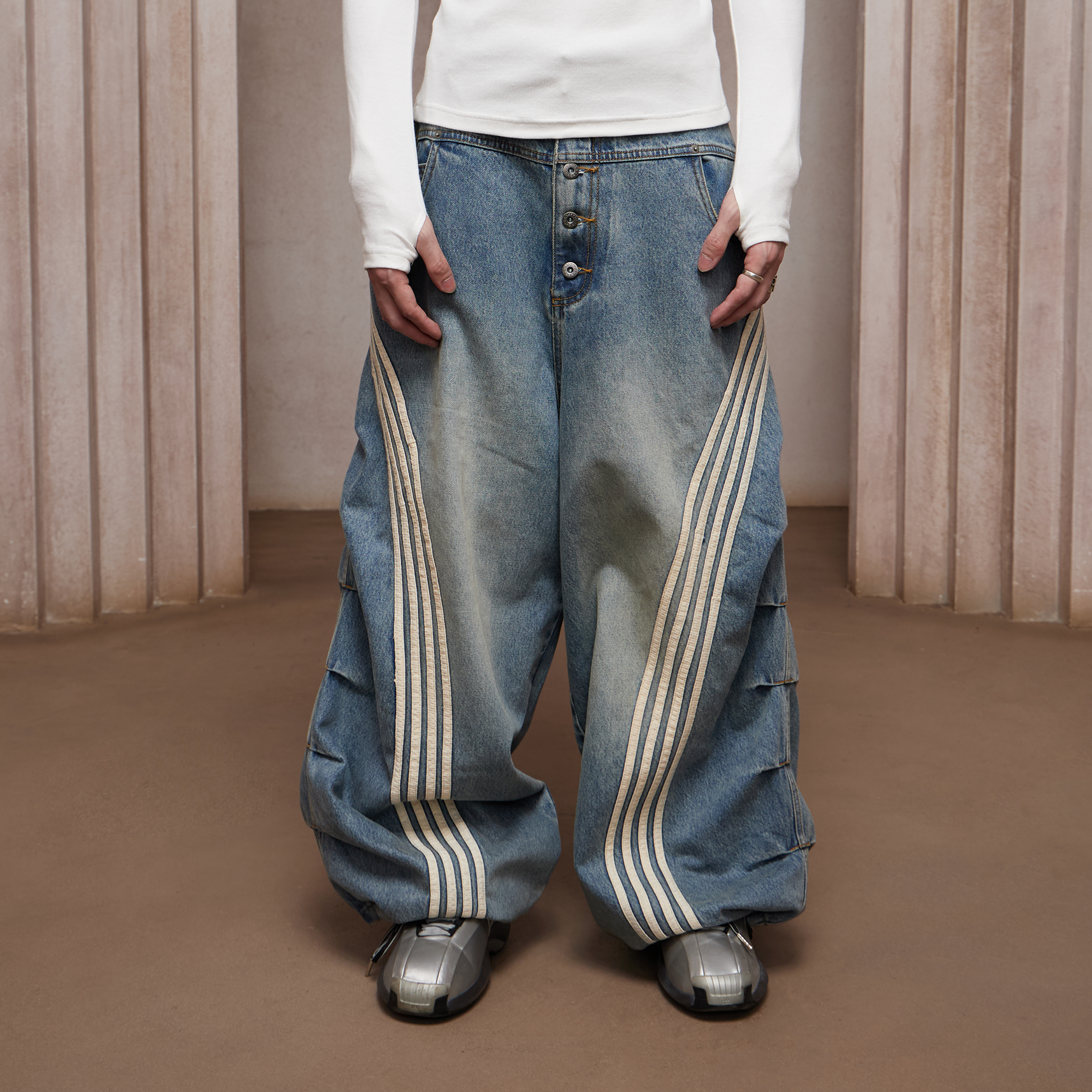 DND4DES Washed Ruched Striped Baggy Jeans