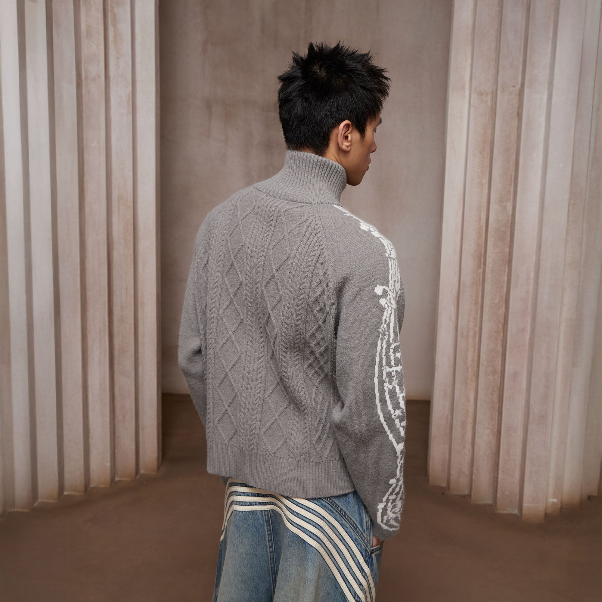 DND4DES Cable-Knit Music Stripes Zip Cardigan