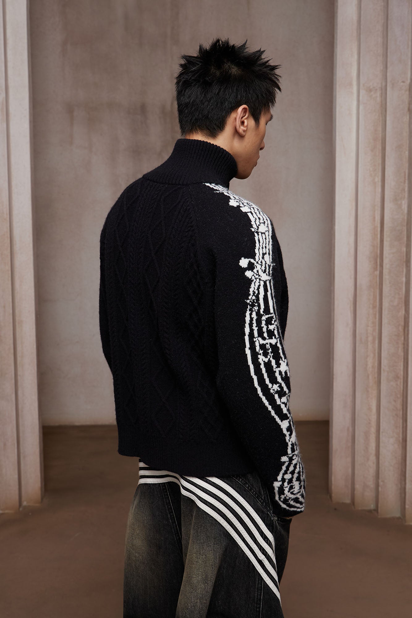 DND4DES Cable-Knit Music Stripes Zip Cardigan