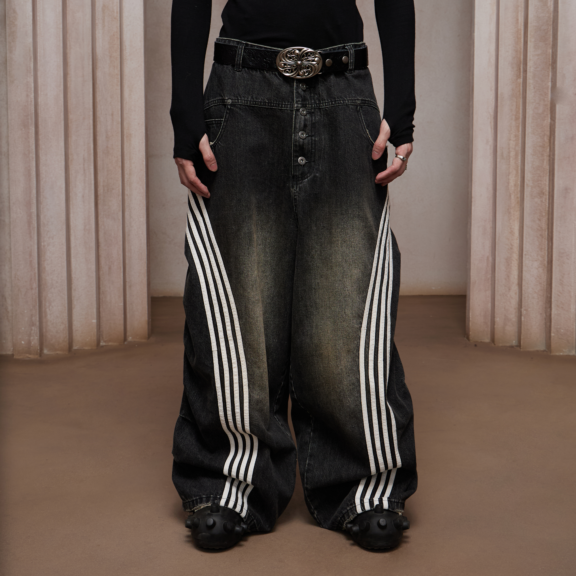 DND4DES Washed Ruched Striped Baggy Jeans