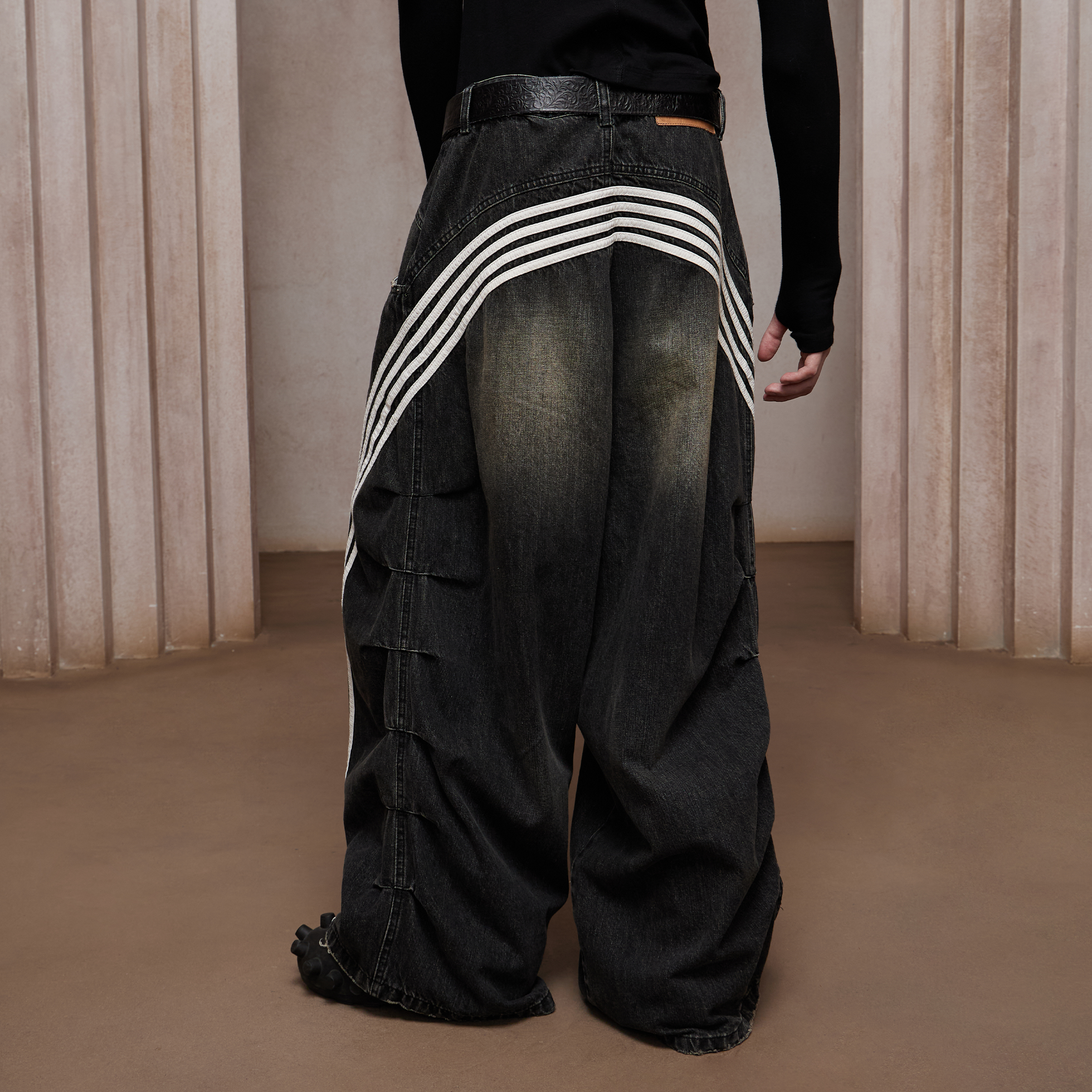 DND4DES Washed Ruched Striped Baggy Jeans