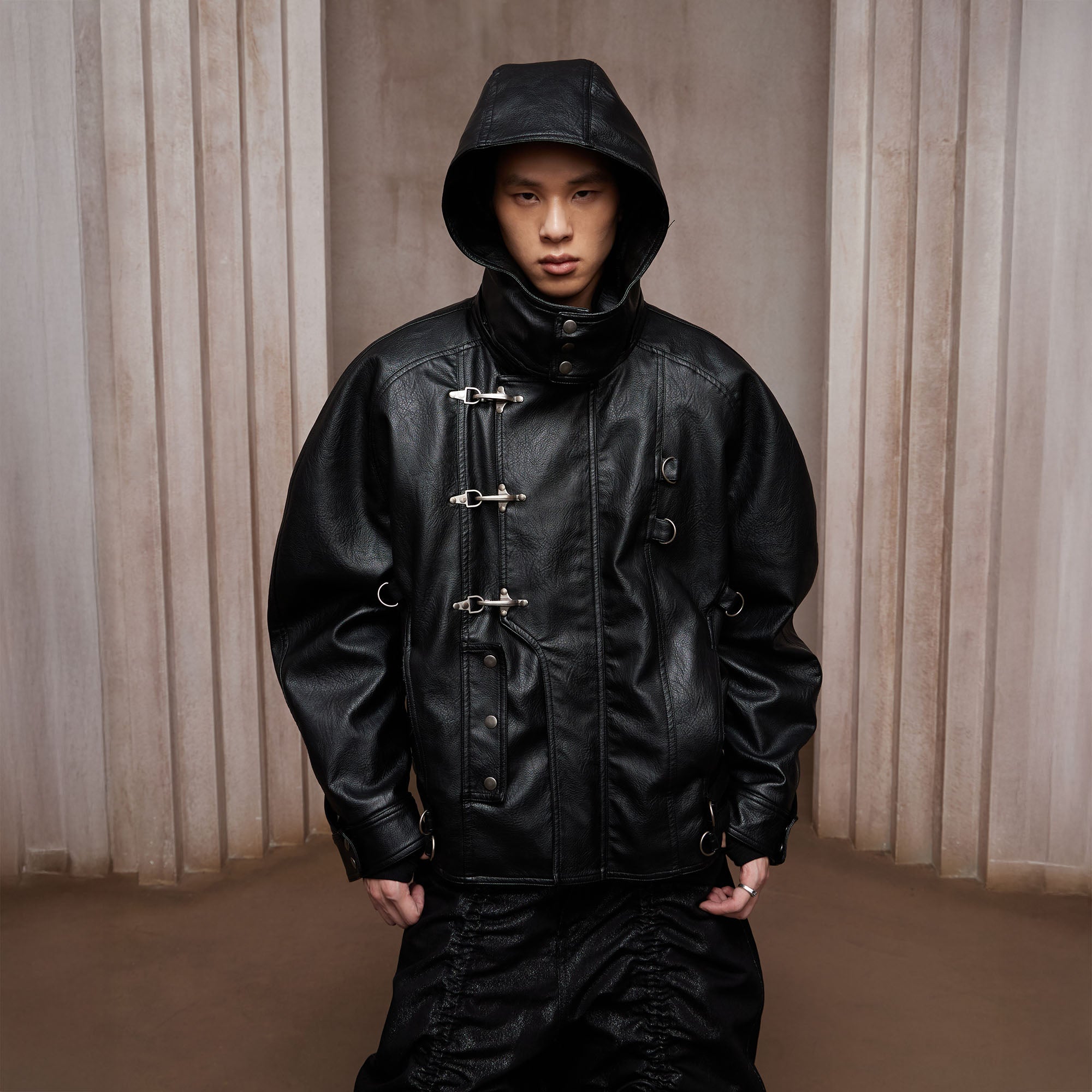 DND4DES Retro Buckle Faux Leather Hooded Jacket