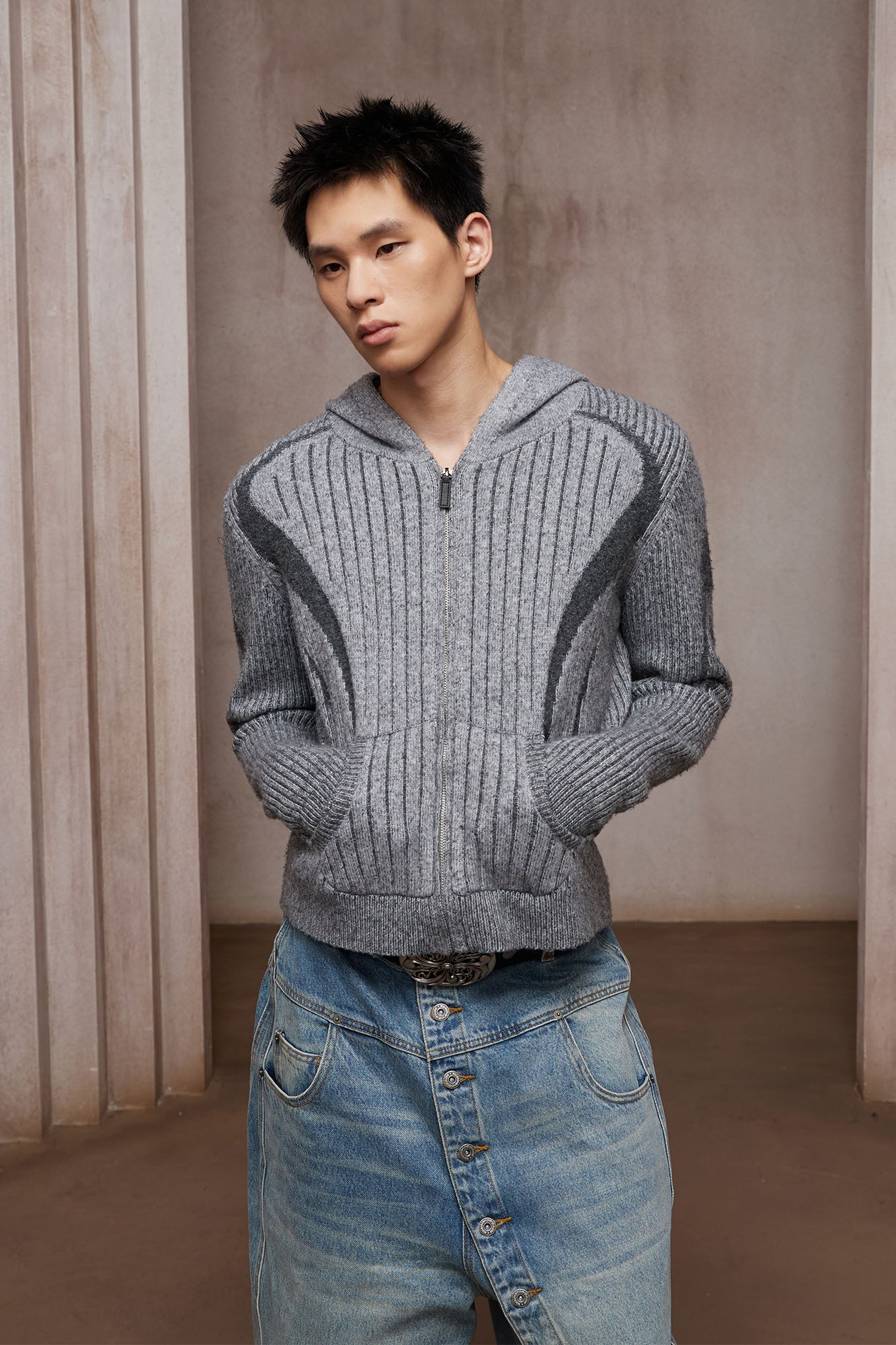 DND4DES Contrast Wool-Blend Hooded Zip Cardigan