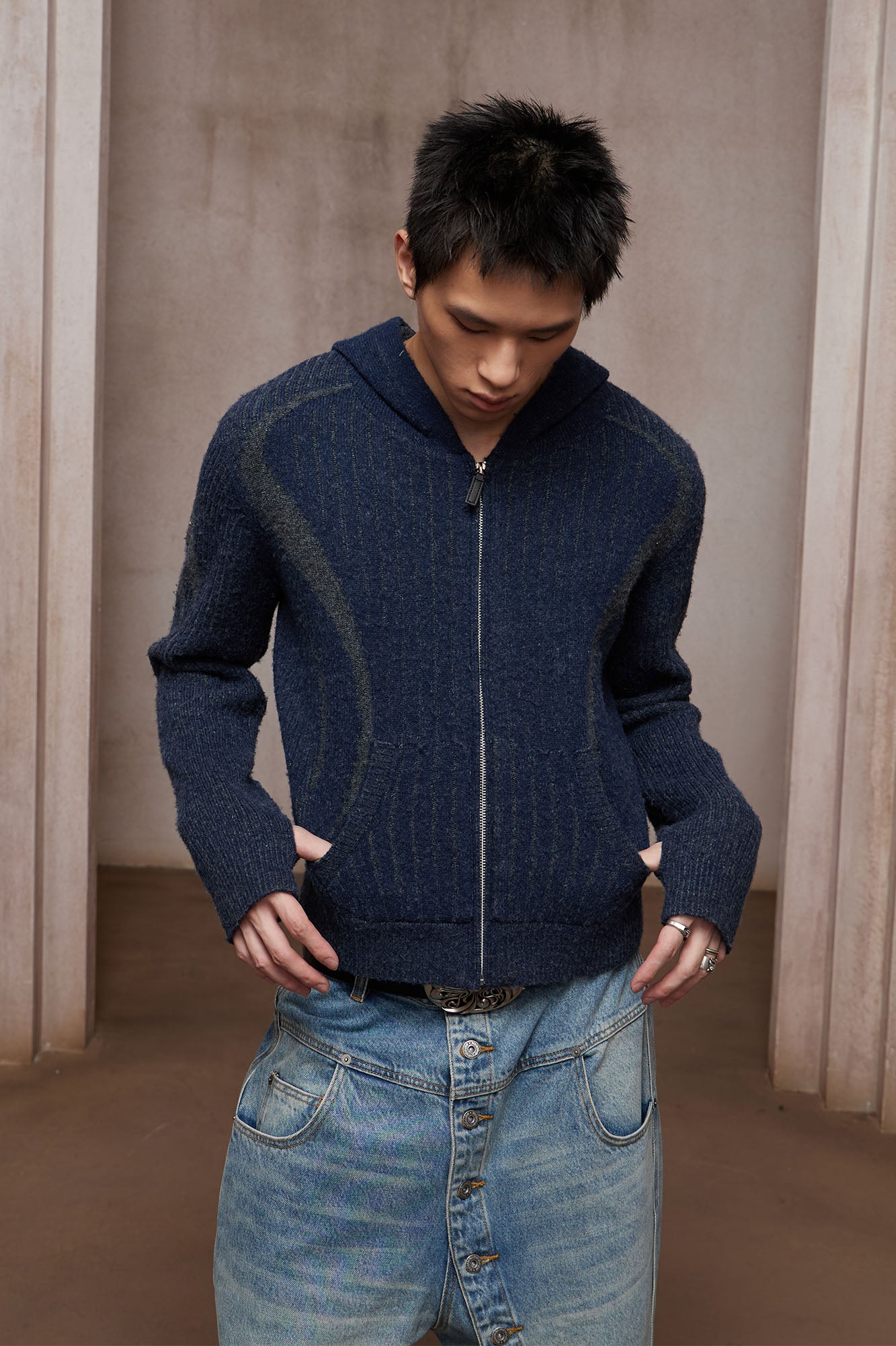 DND4DES Contrast Wool-Blend Hooded Zip Cardigan