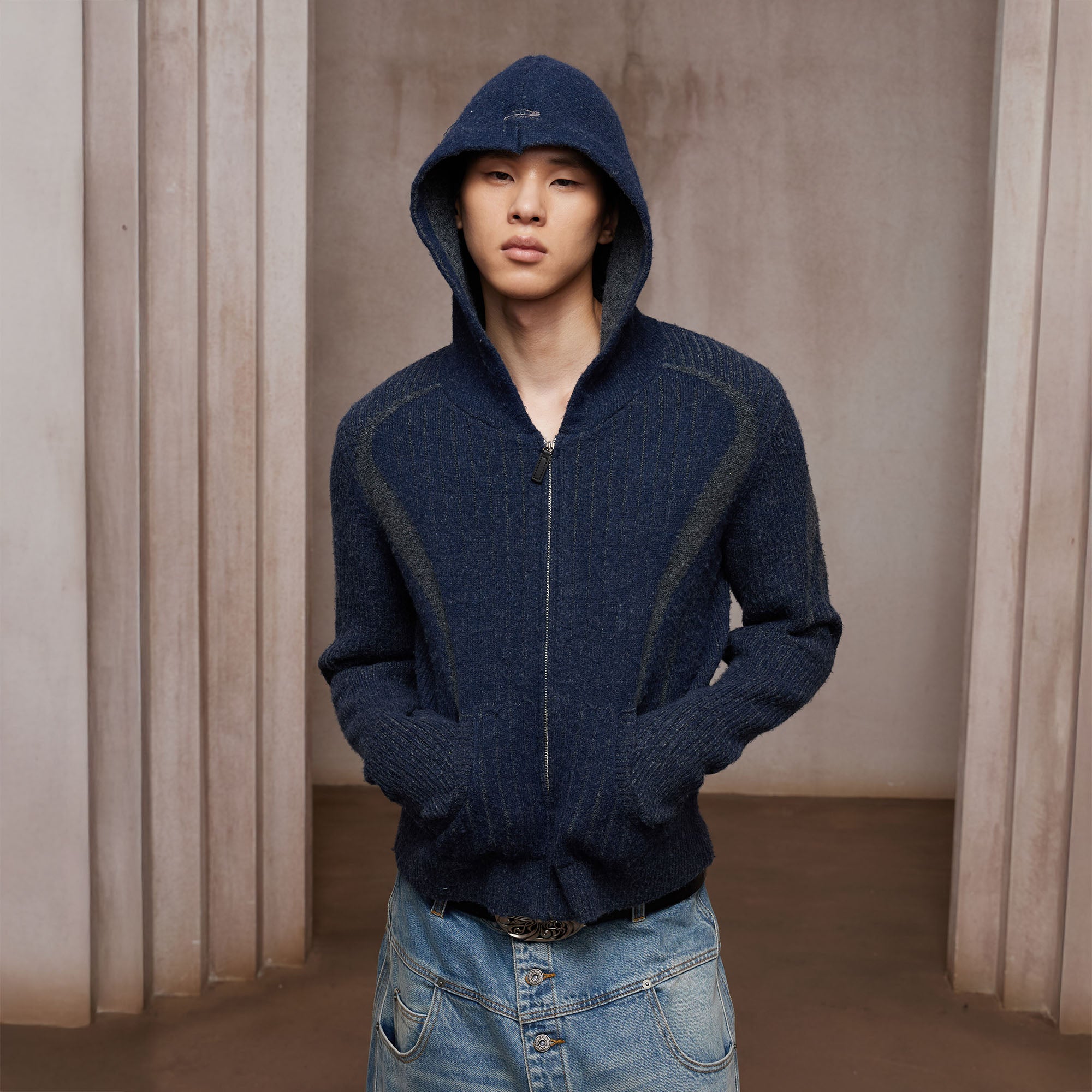 DND4DES Contrast Wool-Blend Hooded Zip Cardigan