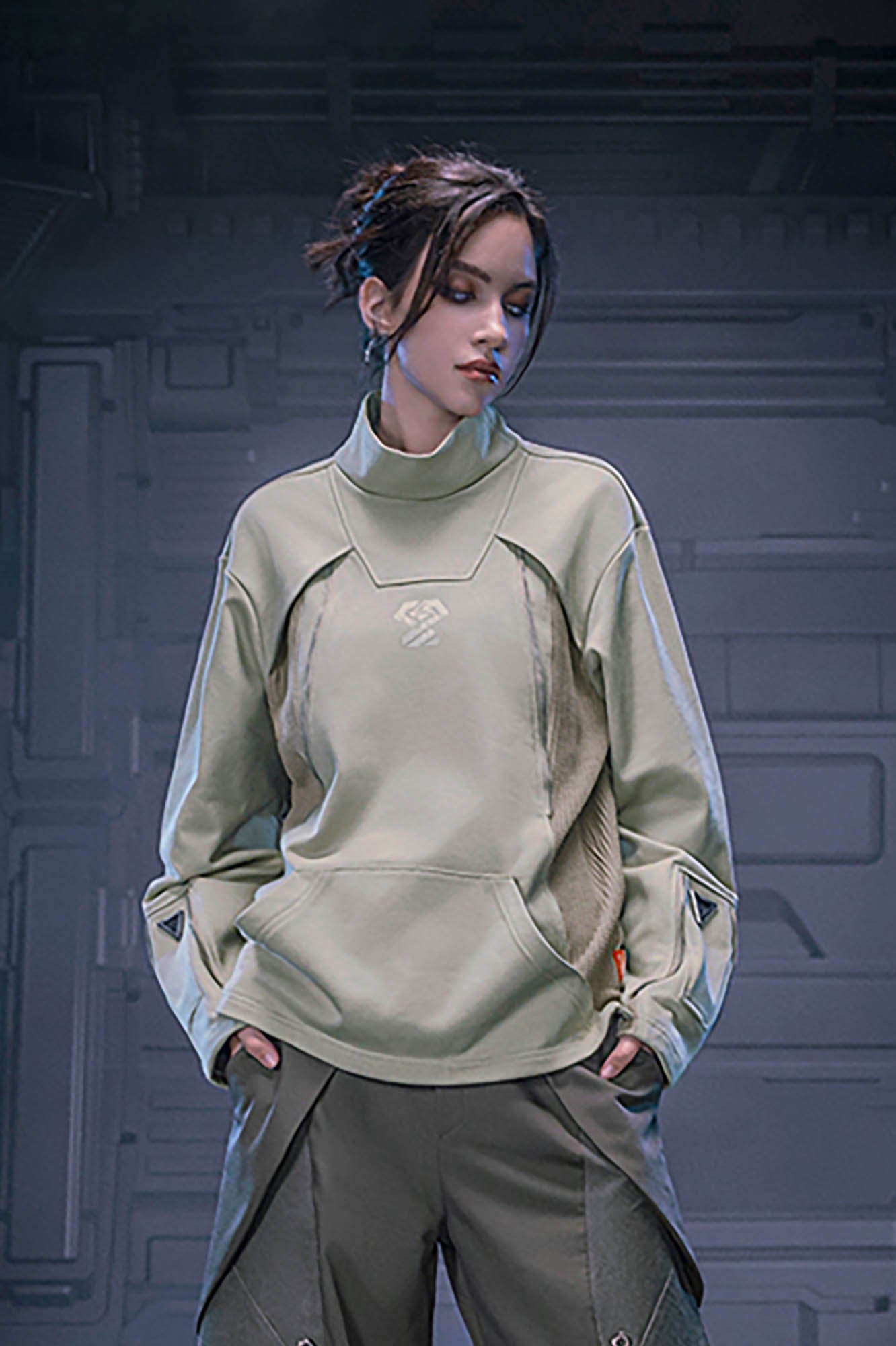 XIPHEVIL Mesh Paneled Tactical Turtleneck Sweatshirt Green