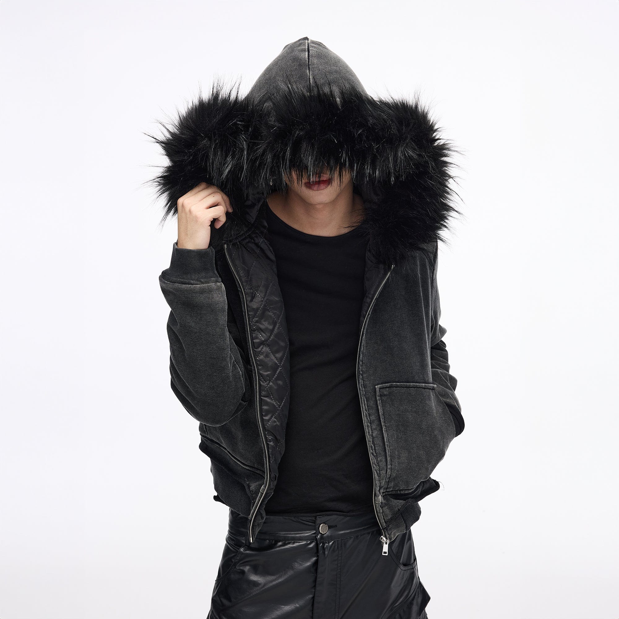 WHISTLEHUNTER Distressed Detachable Faux Fur Collar Padded Jacket