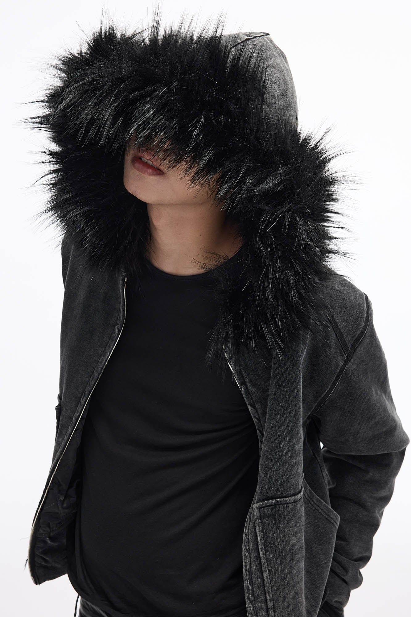 WHISTLEHUNTER Distressed Detachable Faux Fur Collar Padded Jacket