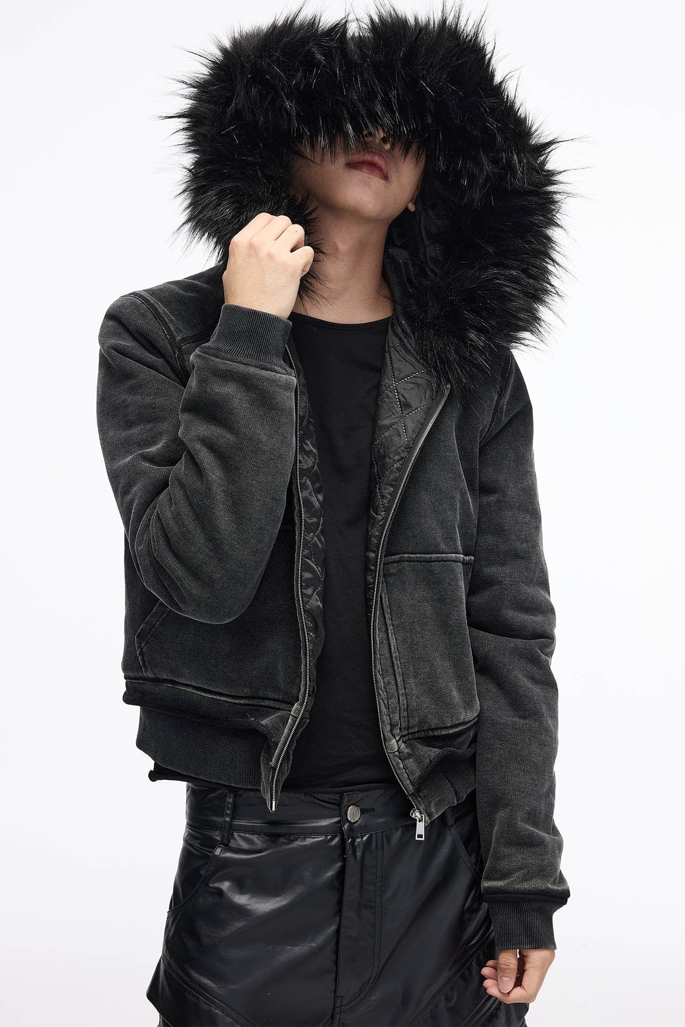 WHISTLEHUNTER Distressed Detachable Faux Fur Collar Padded Jacket