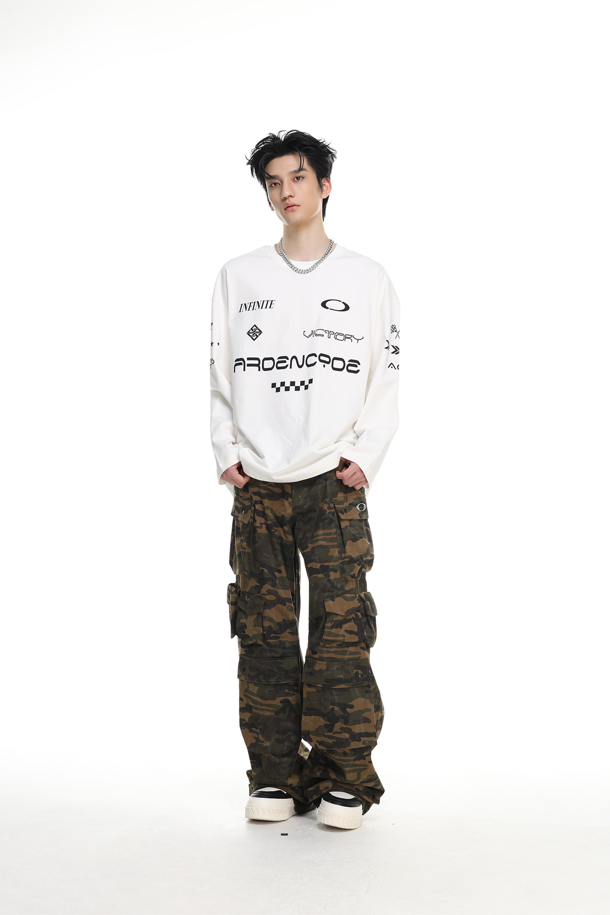 ARDENCODE Camo Multi-Pocket Wide-Leg Cargo Pants, premium urban and streetwear designers apparel on PROJECTISR.com, ARDENCODE