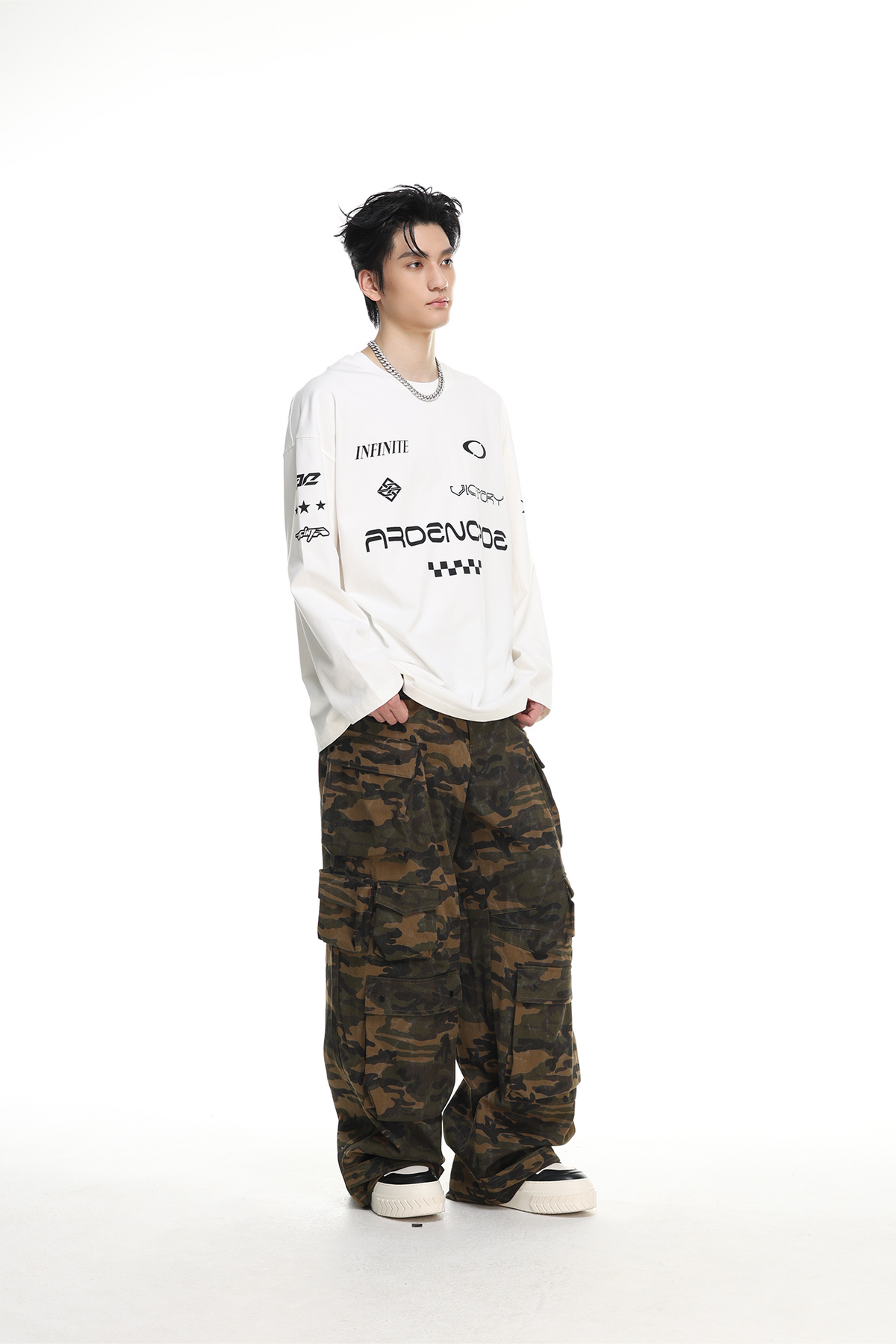 ARDENCODE Camo Multi-Pocket Wide-Leg Cargo Pants, premium urban and streetwear designers apparel on PROJECTISR.com, ARDENCODE