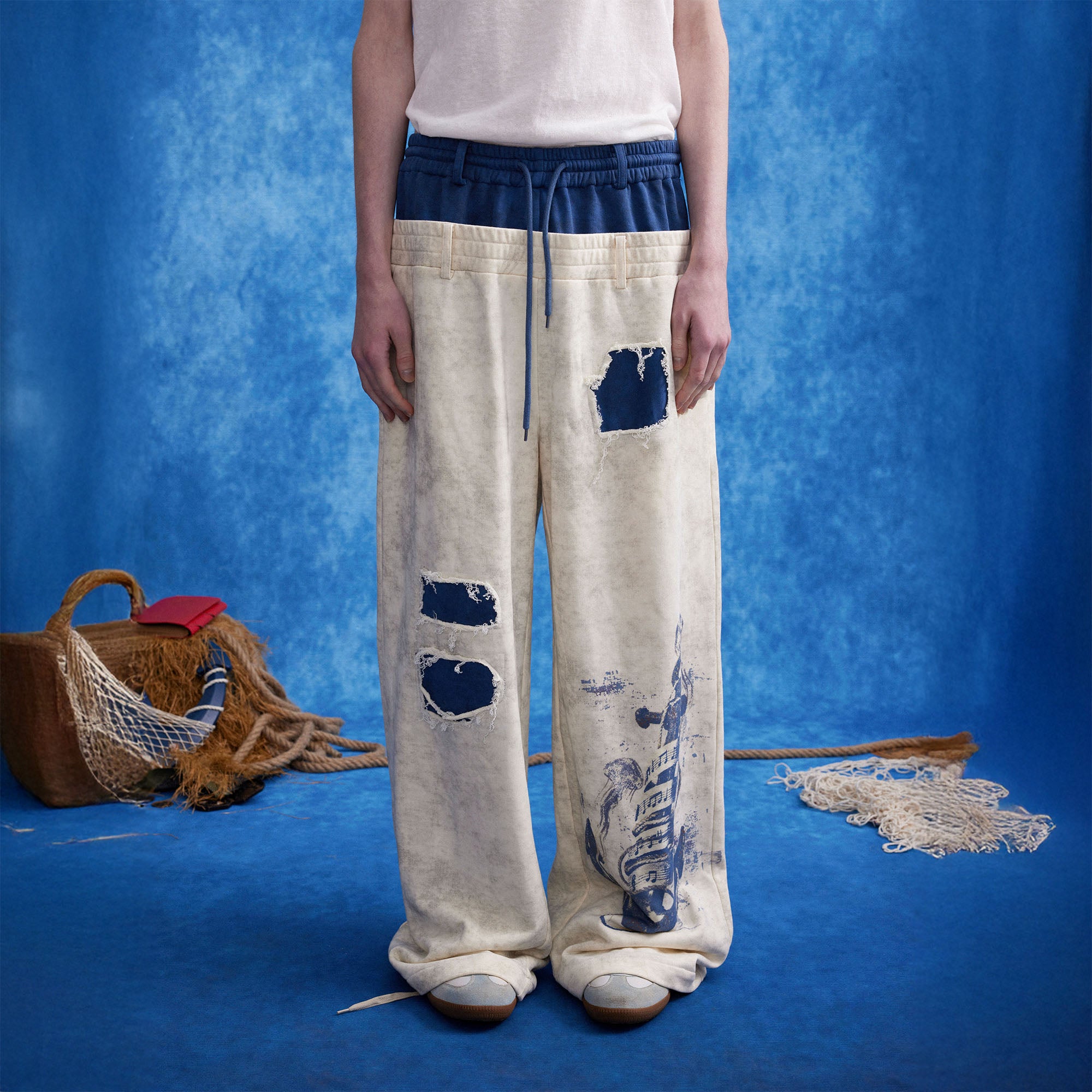 OIPWORD Distressed Ship Graphic Double-Waist Pants