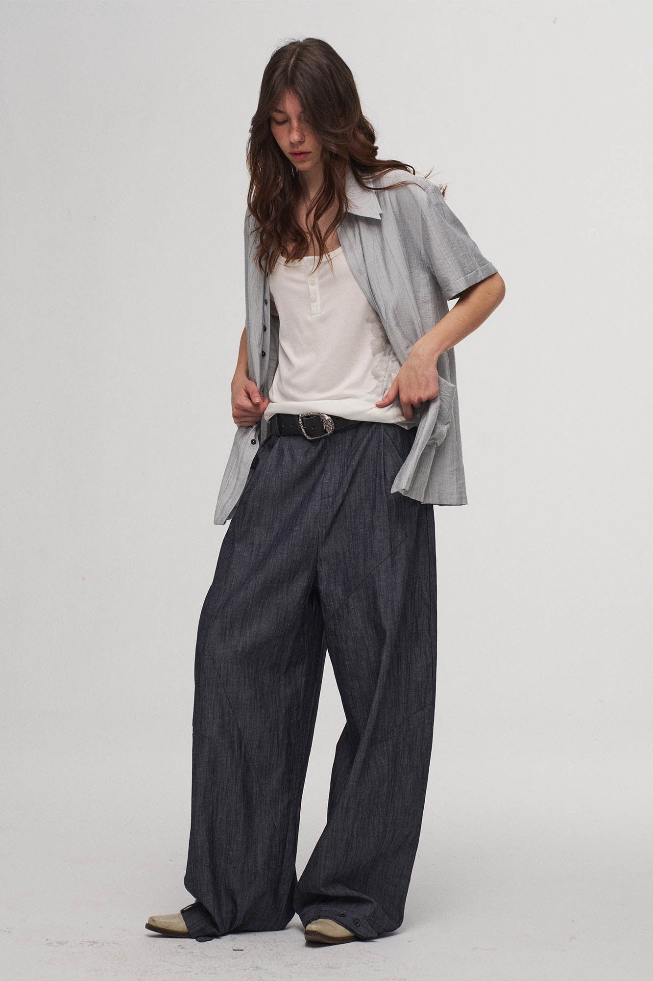 ILNya Nieternite Nifutur Stripe Crinkled Spliced Layered Collar T-Shirt Silver