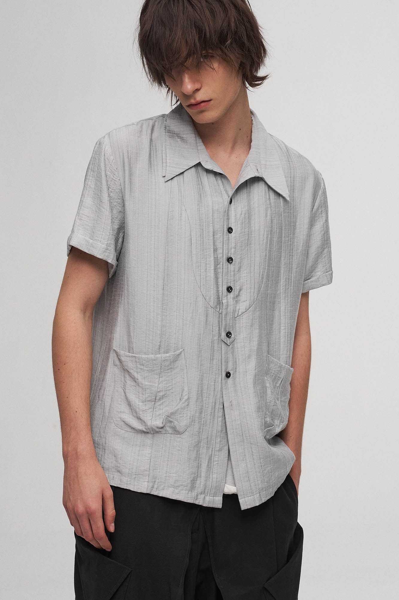 ILNya Nieternite Nifutur Stripe Crinkled Spliced Layered Collar T-Shirt Silver