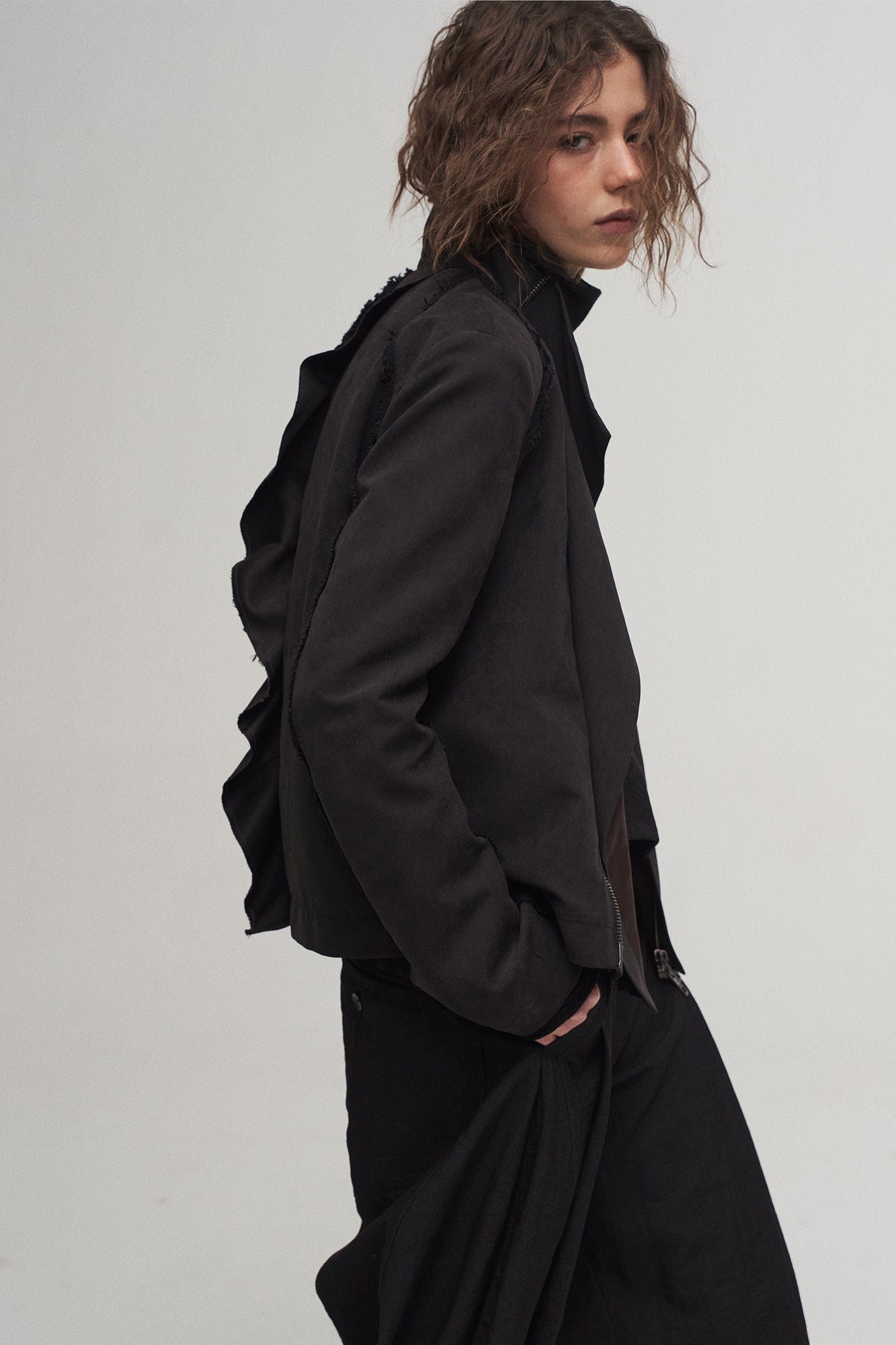 ILNya Nieternite Nifutur Asymmetrical Frayed Seam Ruffle Jacket