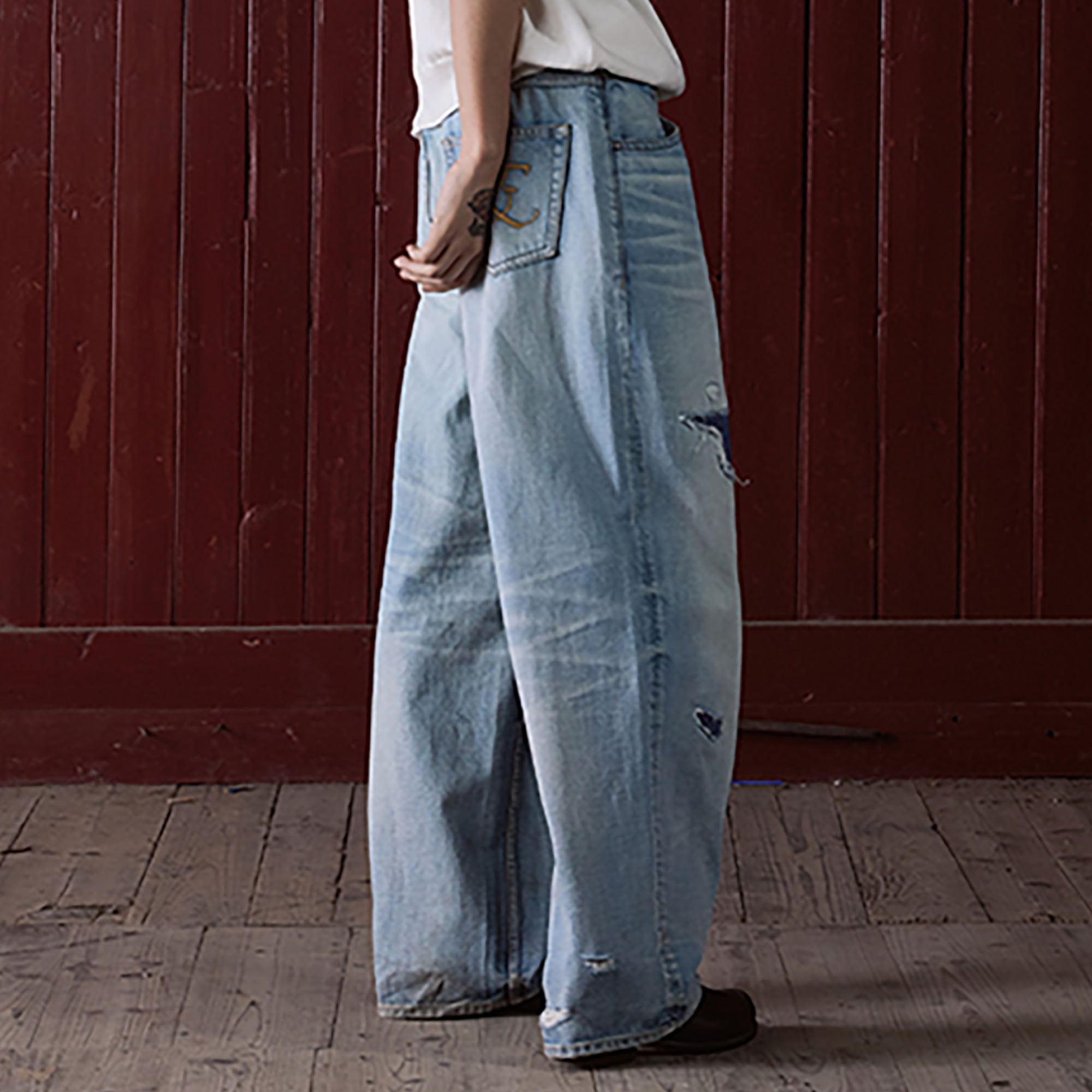 IN EXISTENCE Distressed Patchwork Creased Washed Wide-Leg Jeans, premium urban and streetwear designers apparel on PROJECTISR.com, IN EXISTENCE