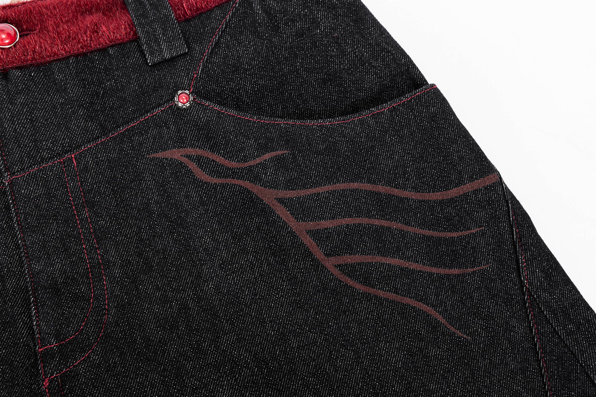 ESAIAS Vermilion Stitch Red Turquoise Curved Denim Pants, premium urban and streetwear designers apparel on PROJECTISR.com, ESAIAS