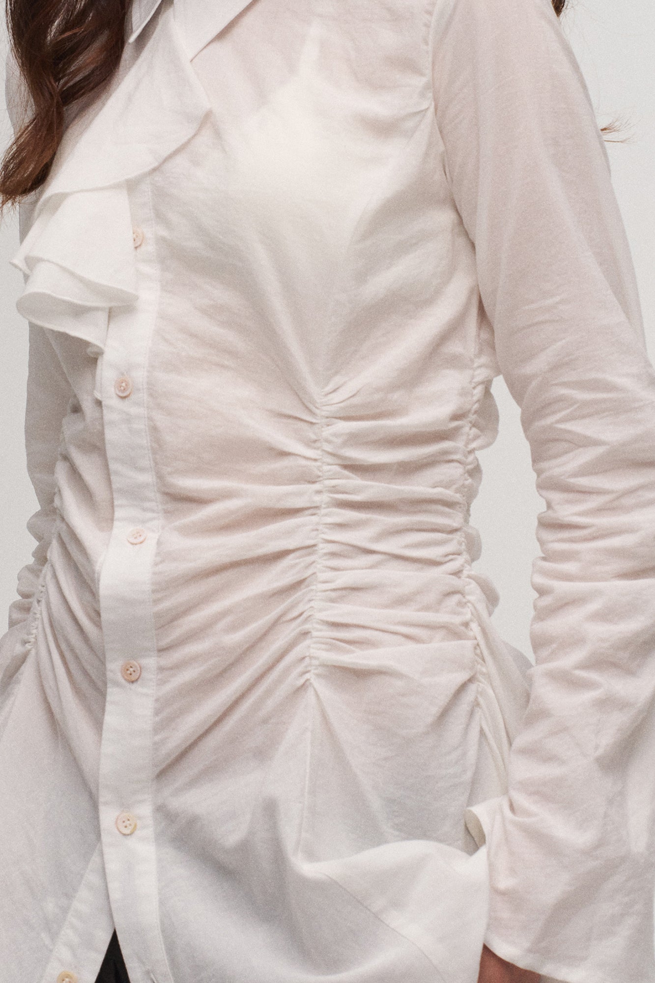 ILNya Nieternite Nifutur Ruched Waist Ruffle-Neck Long Shirt, premium urban and streetwear designers apparel on PROJECTISR.com, ILNya Nieternite Nifutur
