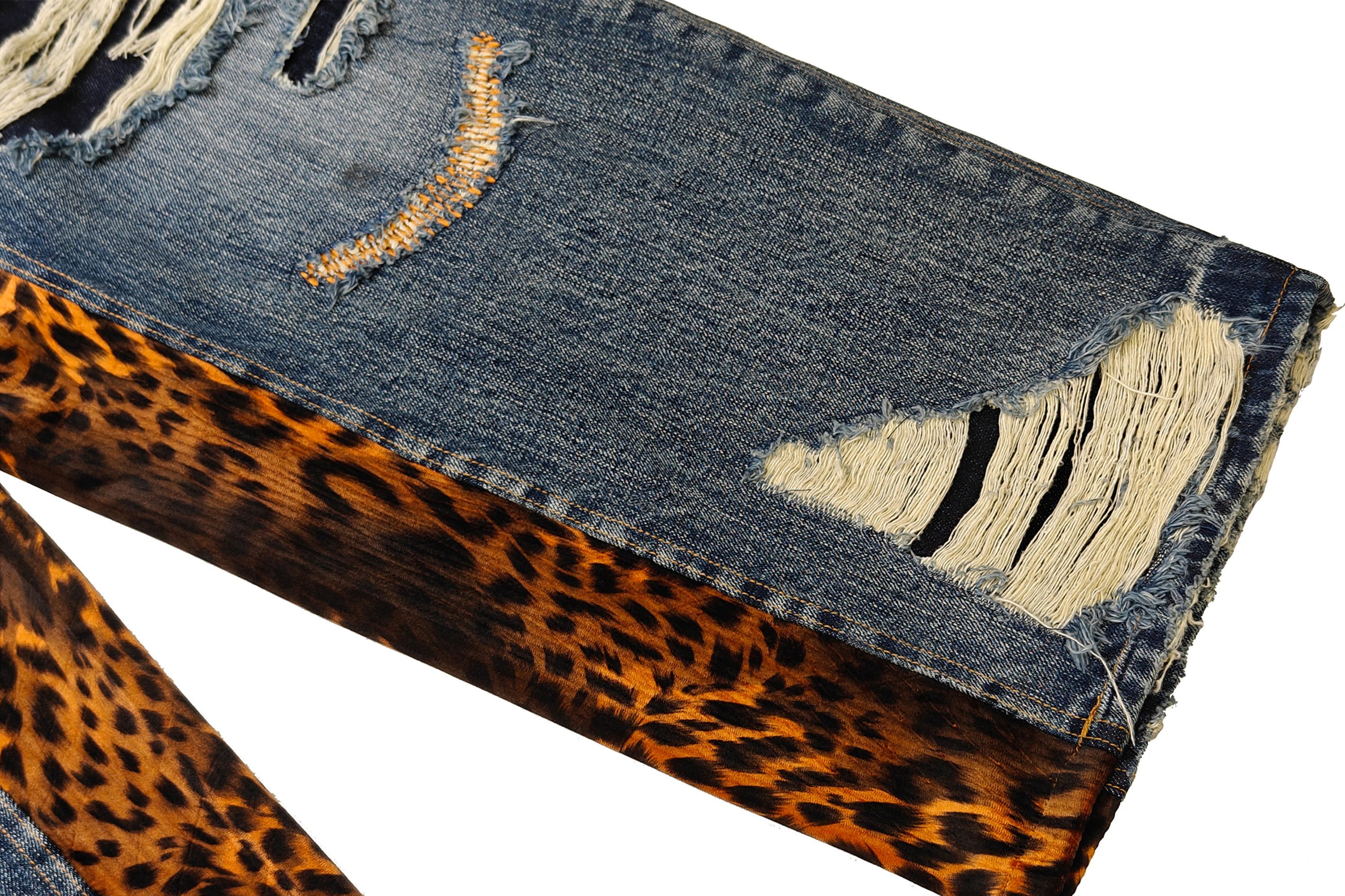FACEONLAB Distressed Patch Leopard Paneled Jeans, premium urban and streetwear designers apparel on PROJECTISR.com, FACEONLAB