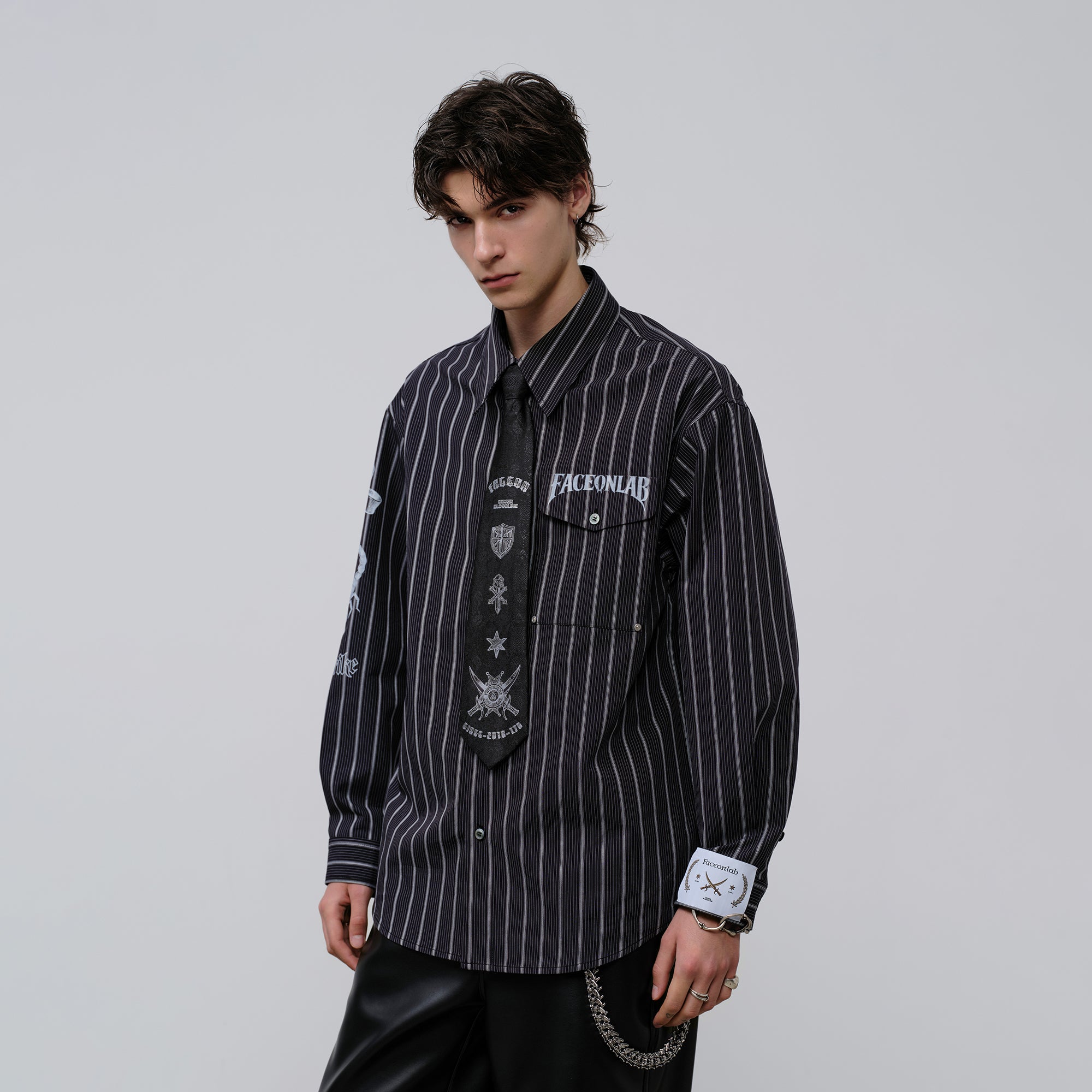 FACEONLAB Stripe Animal Graphic Relaxed Shirt Black, premium urban and streetwear designers apparel on PROJECTISR.com, FACEONLAB