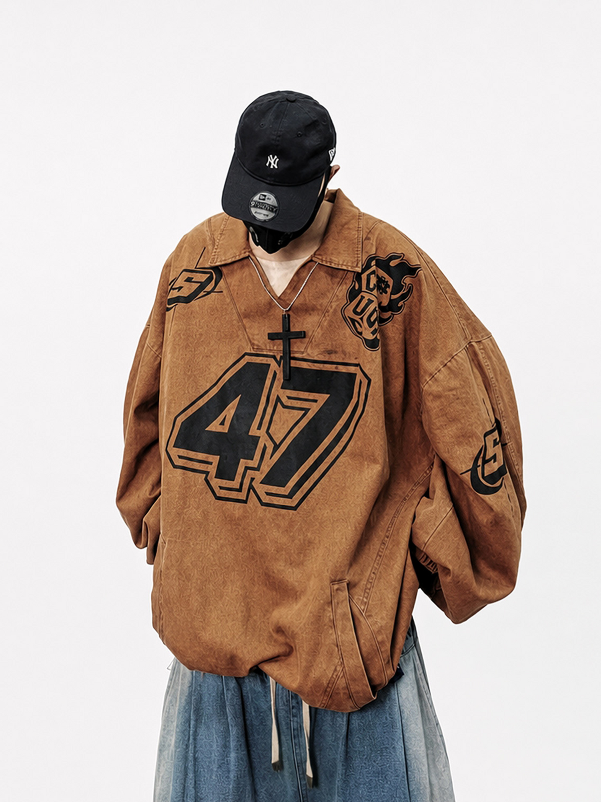UUCSCC Washed Distressed Oversized V-Neck Sweatshirt