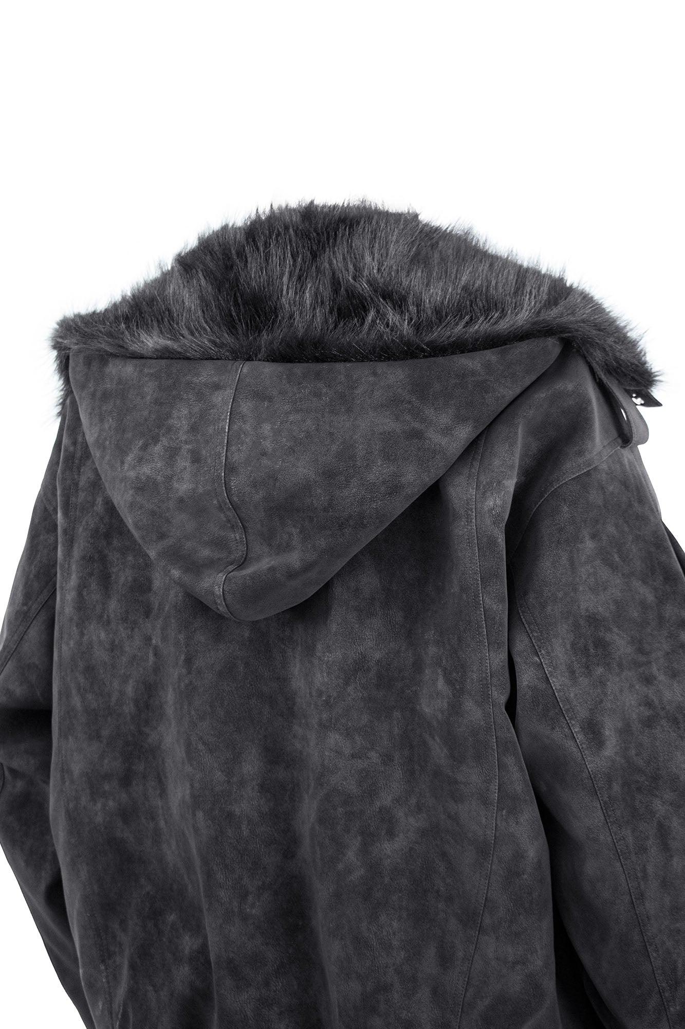 RELABEL Detachable Plush Scarf Hooded Suede Jacket Black, premium urban and streetwear designers apparel on PROJECTISR.com, RELABEL