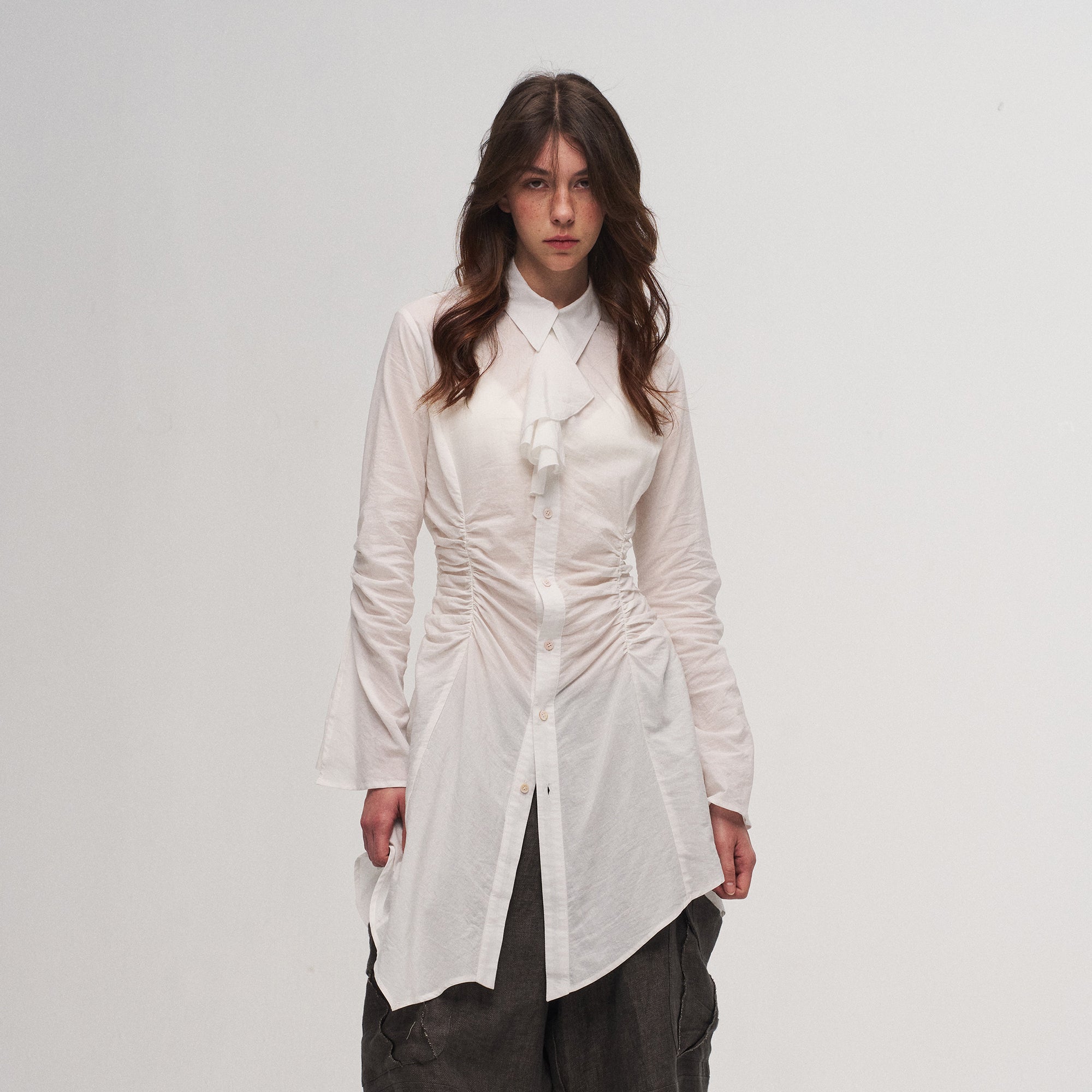 ILNya Nieternite Nifutur Ruched Waist Ruffle-Neck Long Shirt, premium urban and streetwear designers apparel on PROJECTISR.com, ILNya Nieternite Nifutur