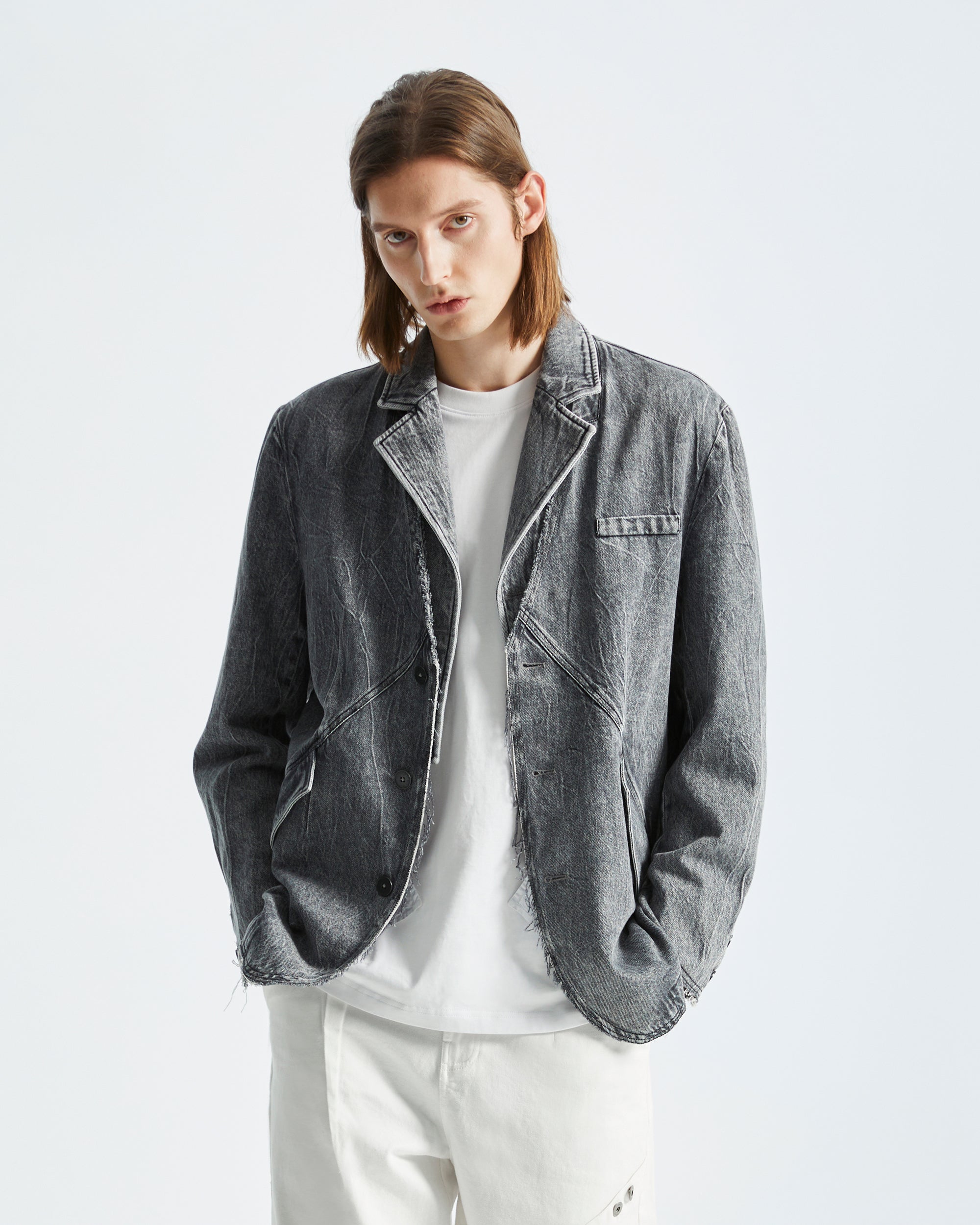 ORGANIC EMOTION Deconstructed Washed Detachable Collar Denim Blazer