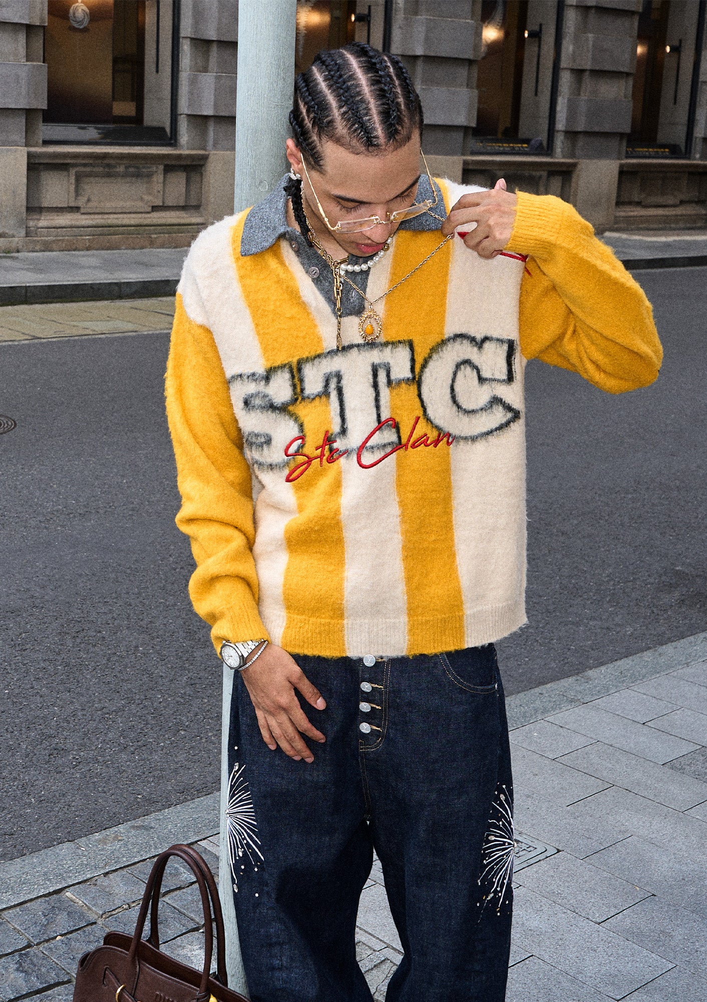 STEEPC Striped Embroidered Fuzzy Polo Sweater, premium urban and streetwear designers apparel on PROJECTISR.com, STEEPC