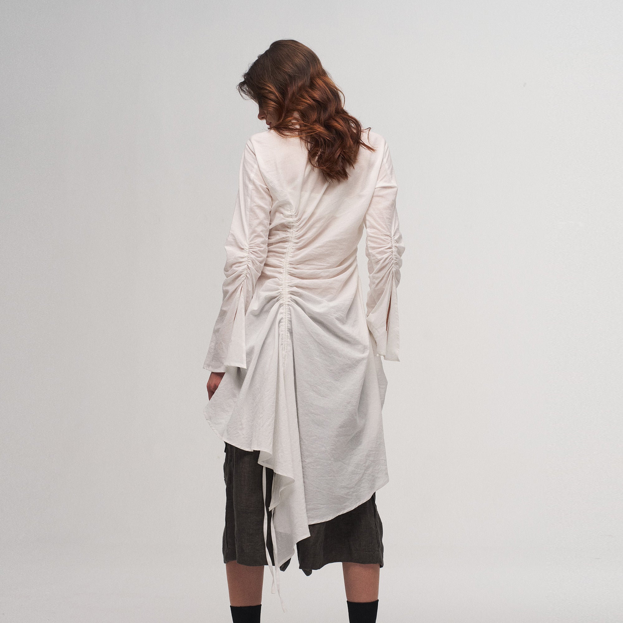 ILNya Nieternite Nifutur Ruched Waist Ruffle-Neck Long Shirt, premium urban and streetwear designers apparel on PROJECTISR.com, ILNya Nieternite Nifutur