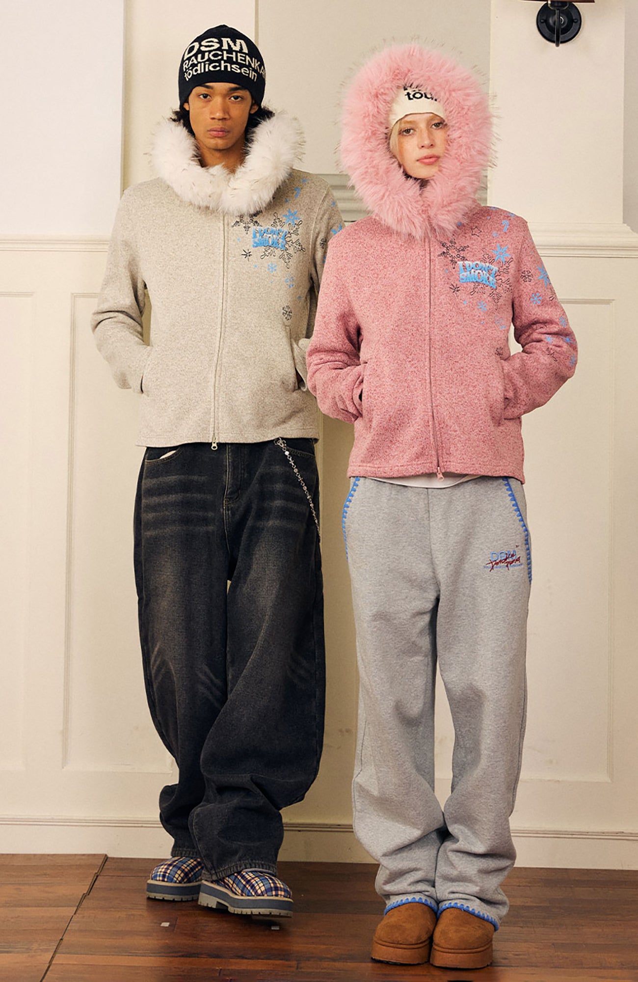 DONSMOKE Snowflake Embroidered Fleece-Lined Zip-Up Hoodie