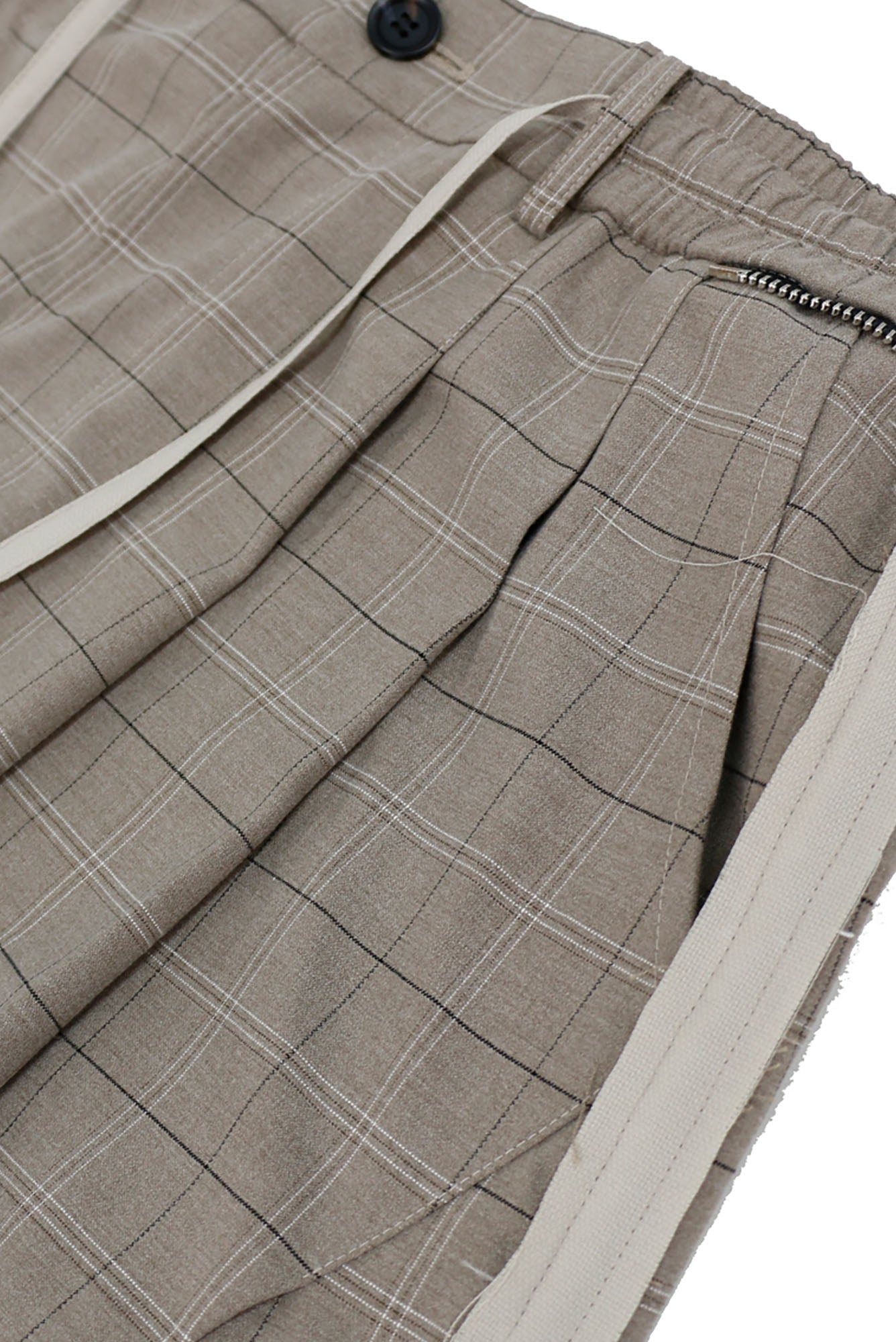 RELABEL Pleated Plaid Wide-Leg Drawstring Trousers Beige