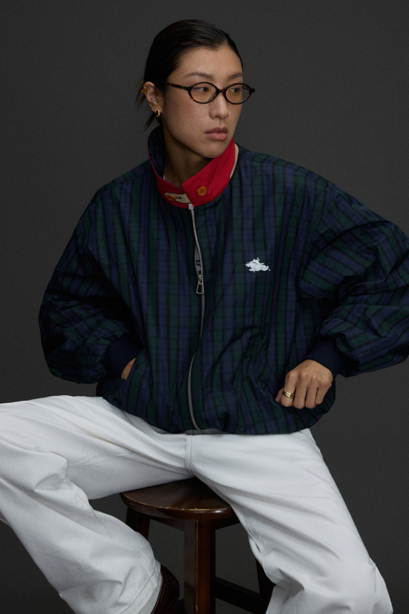 NIANJIUYIKOUER Deer Graphic Plaid Harrington Jacket, premium urban and streetwear designers apparel on PROJECTISR.com, NIANJIUYIKOUER