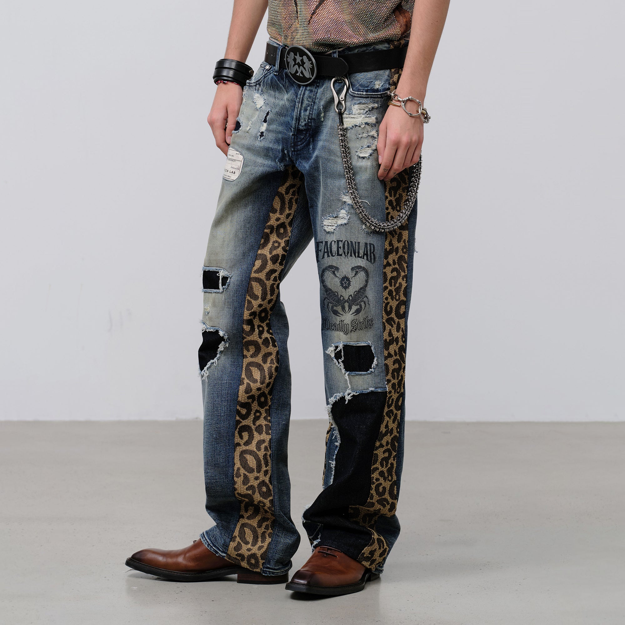 FACEONLAB Leopard Panel Distressed Straight-Leg Jeans