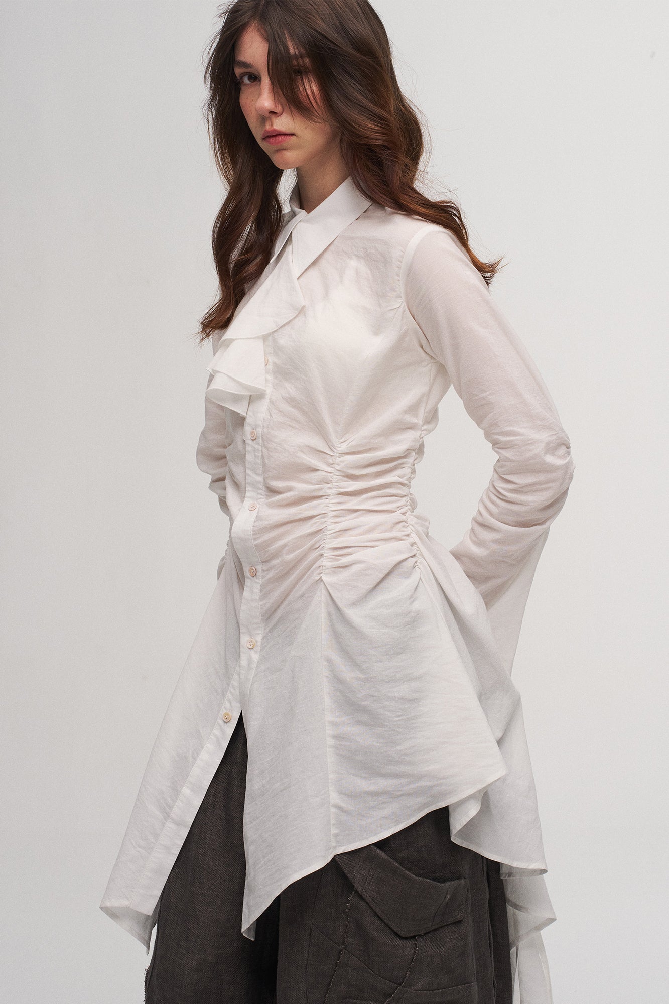 ILNya Nieternite Nifutur Ruched Waist Ruffle-Neck Long Shirt, premium urban and streetwear designers apparel on PROJECTISR.com, ILNya Nieternite Nifutur