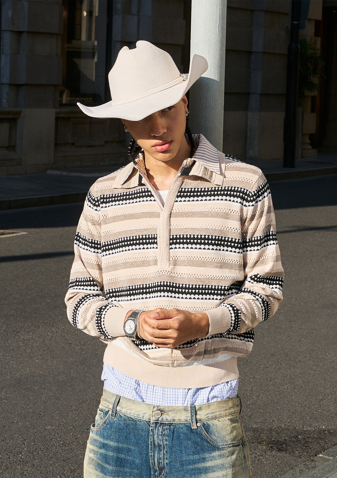 STEEPC Stripe Faux-Layered Polo Sweater, premium urban and streetwear designers apparel on PROJECTISR.com, STEEPC