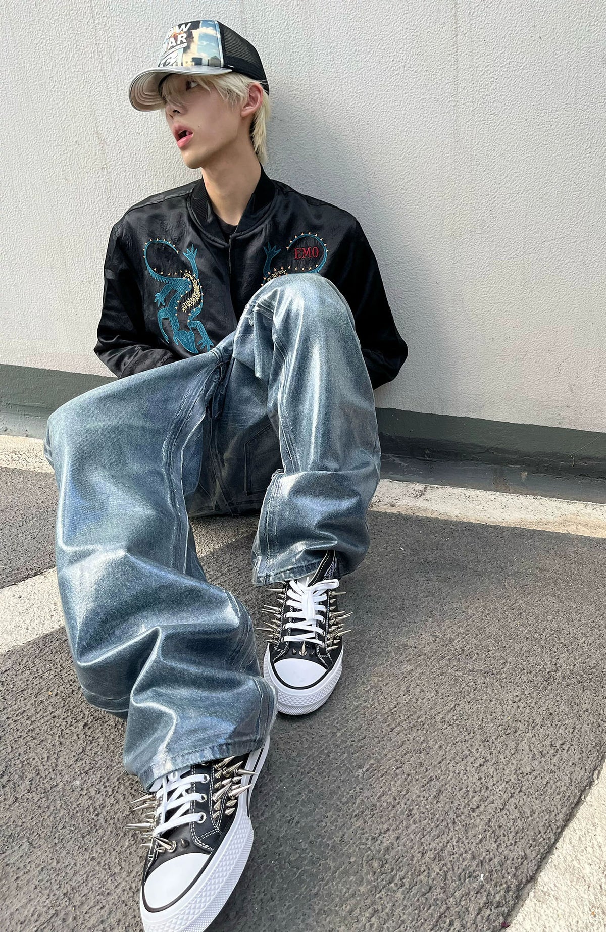 REBEL WAVE Frayed Raw-Edge Wax-Coated Flared Jeans