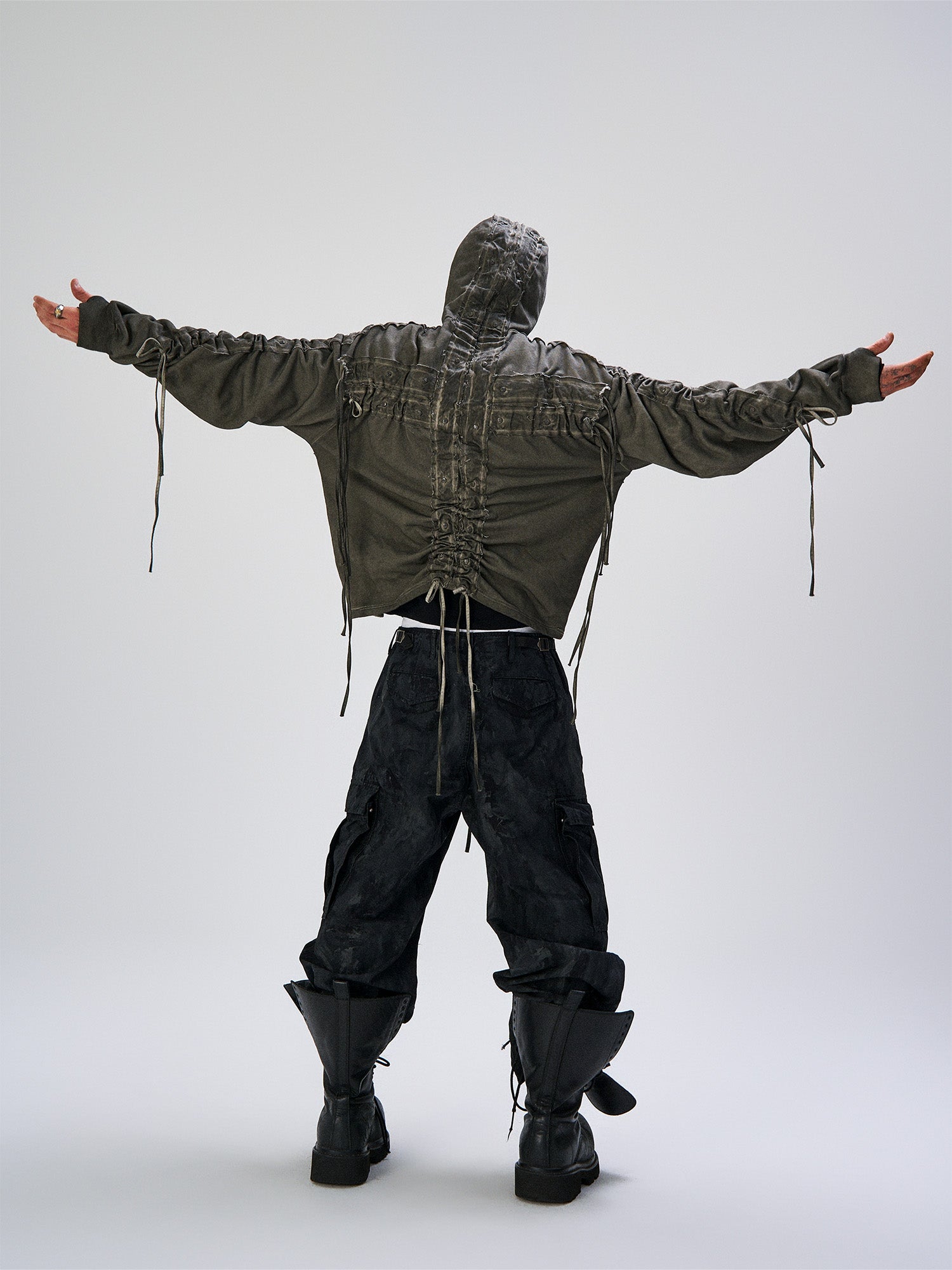 FLYERRER Distressed Drawstring Ruched Hooded Jacket, premium urban and streetwear designers apparel on PROJECTISR.com, FLYERRER