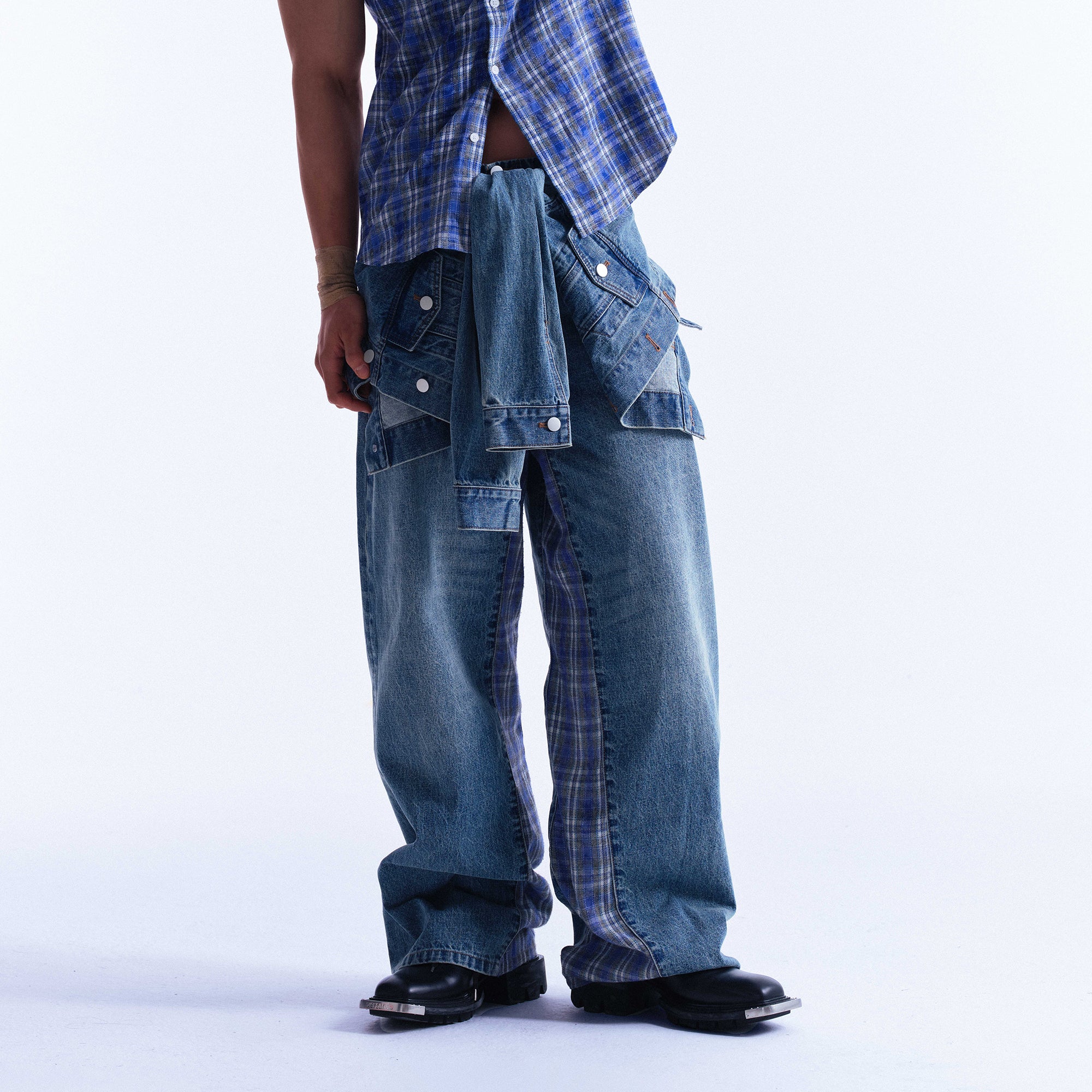 INTERRUPT Plaid Spliced Faux Two-Piece Wide-Leg Jeans