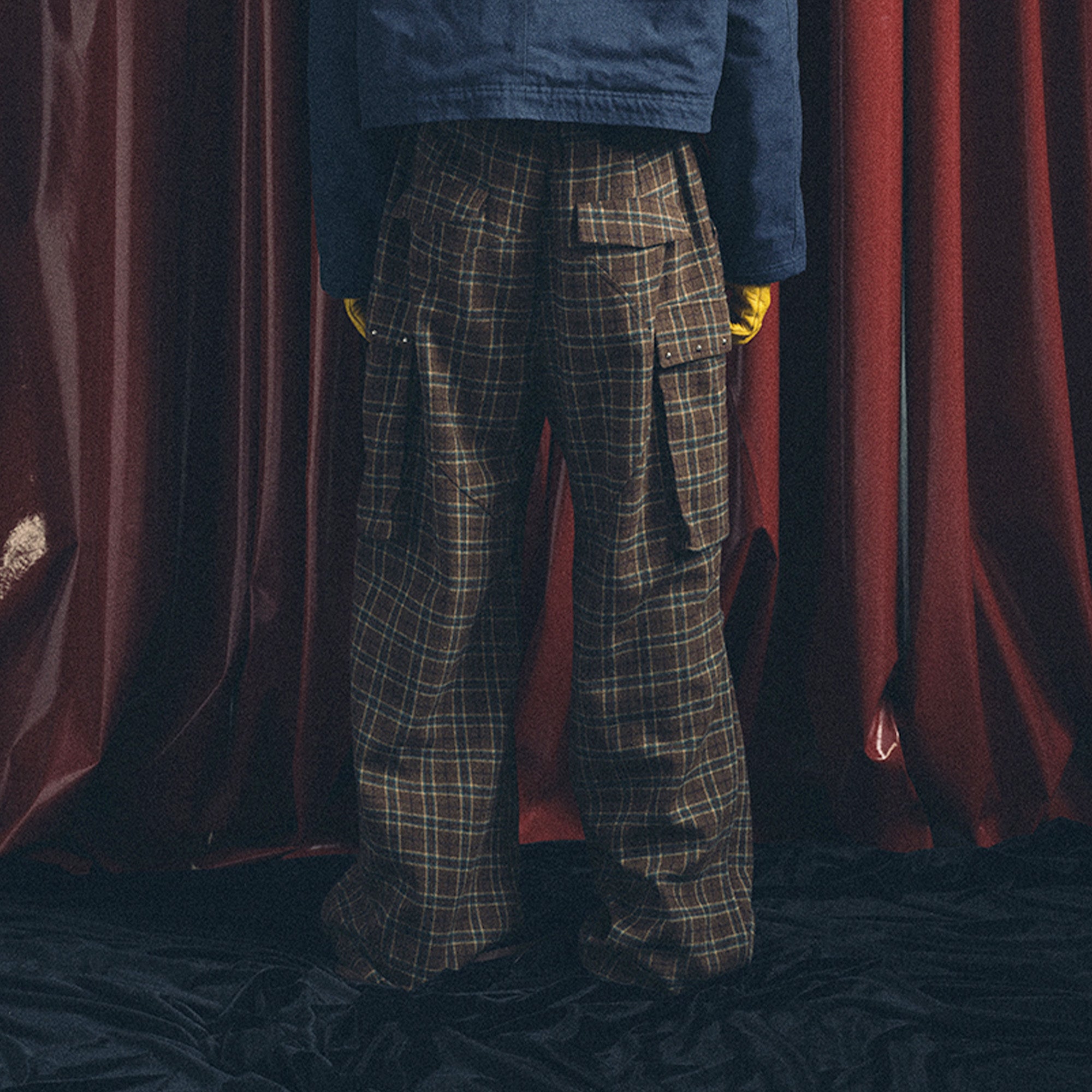 TRECLUB Plaid Pleated-Knee Wide-Leg Cargo Pants, premium urban and streetwear designers apparel on PROJECTISR.com, TRECLUB