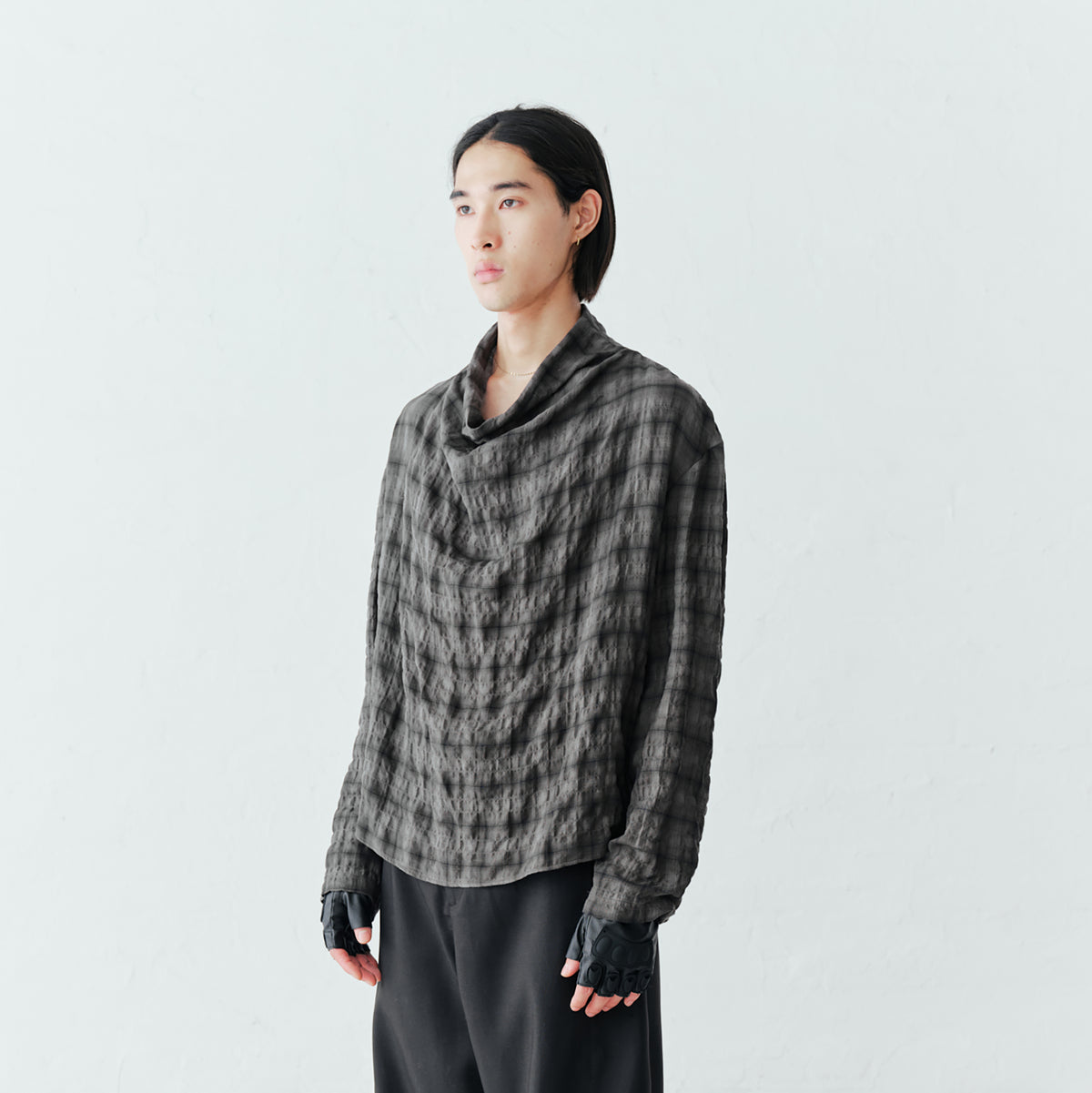 GRAINMUSTARD Plaid Crinkled Cowl Neck Shirt