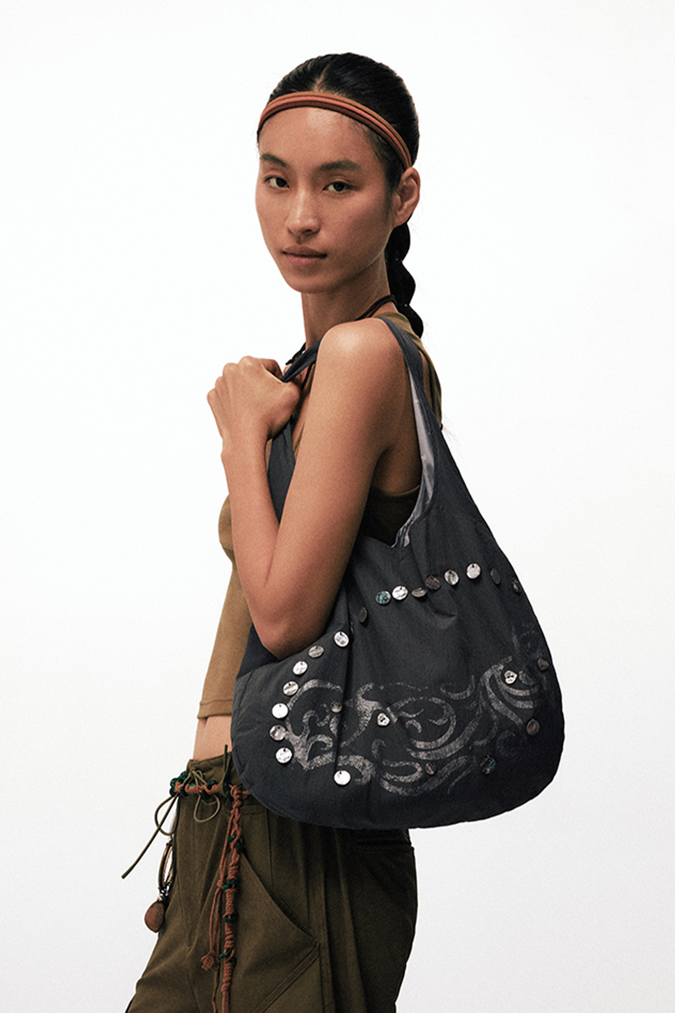 CONPCONP Tai Chi Disc-Embellished Canvas Shoulder Bag