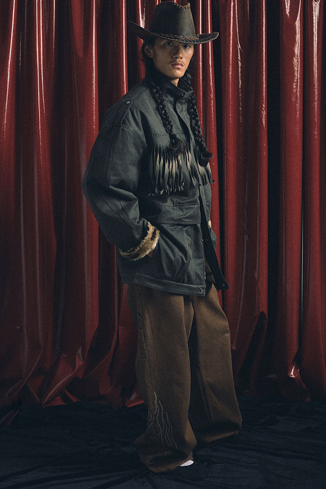 TRECLUB Tiger Stripe Lining Fringe Parka