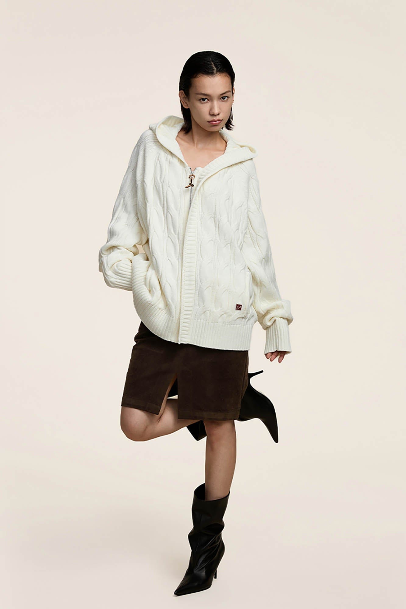 OPICLOTH Cable-Knit Zip-Up Hooded Cardigan