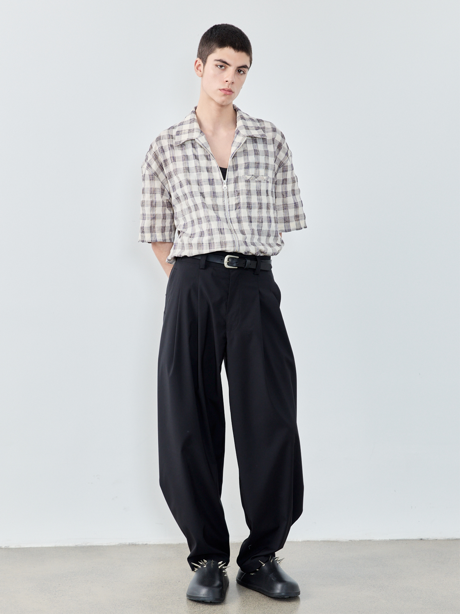 GRAINMUSTARD Retro Plaid Zip Half Shirt, premium urban and streetwear designers apparel on PROJECTISR.com, GRAINMUSTARD
