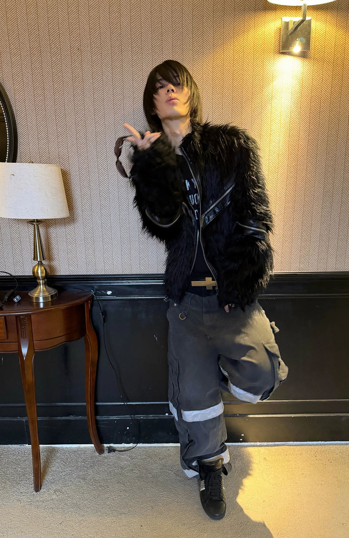 REBEL WAVE Faux Leather Zippered Faux Fur Jacket