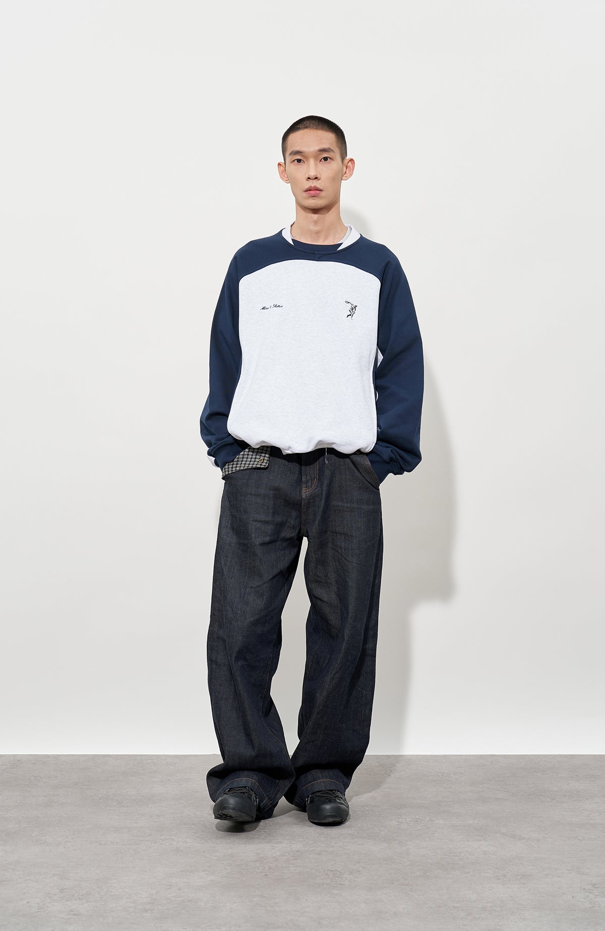 FMACM Plaid Spliced Raw-Hem Straight-Leg Jeans